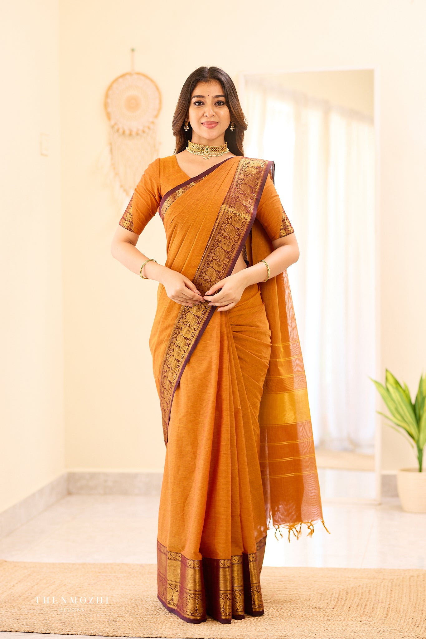Burnt Orange with Purple Border Chettinad Cotton Saree
