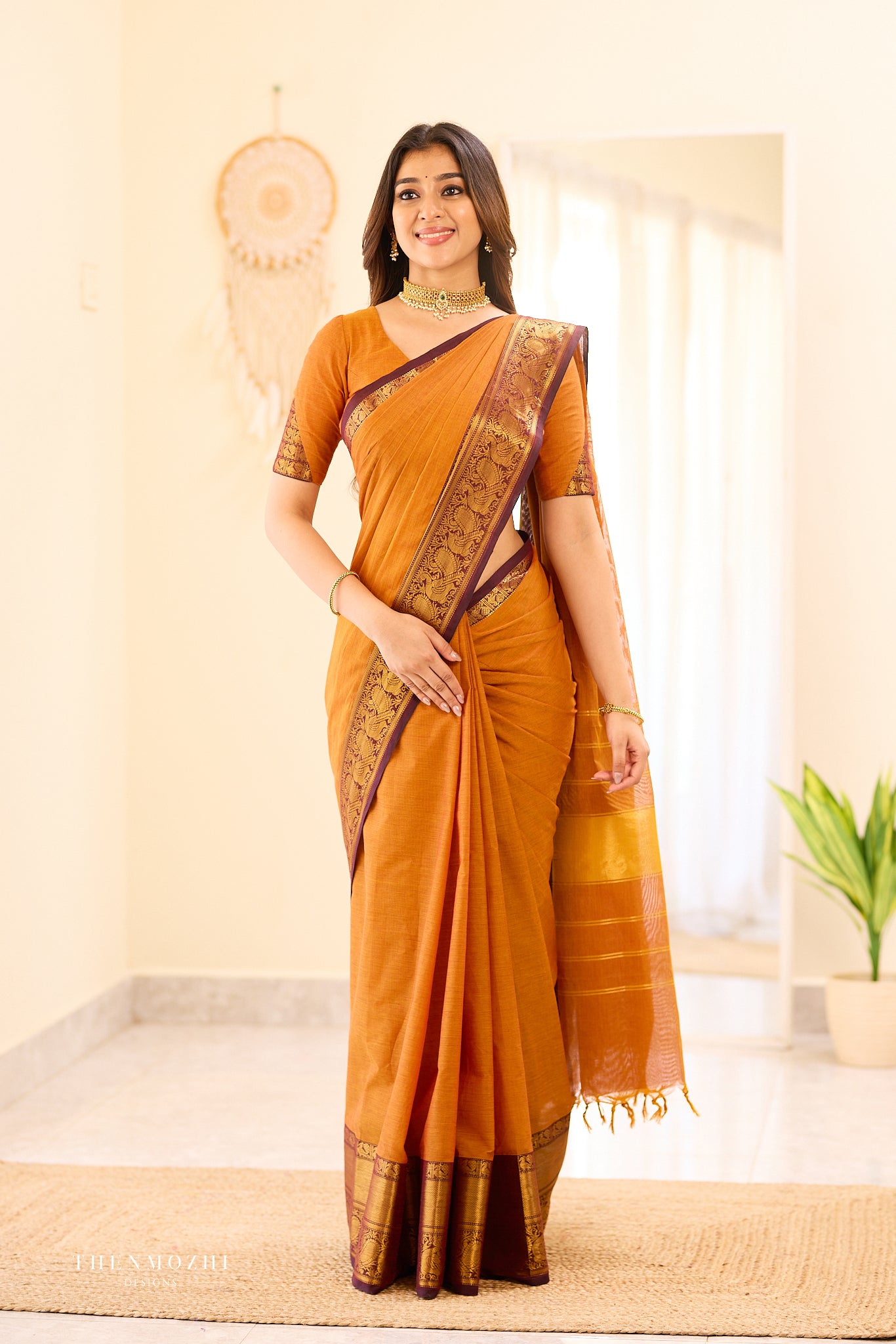 Burnt Orange with Purple Border Chettinad Cotton Saree