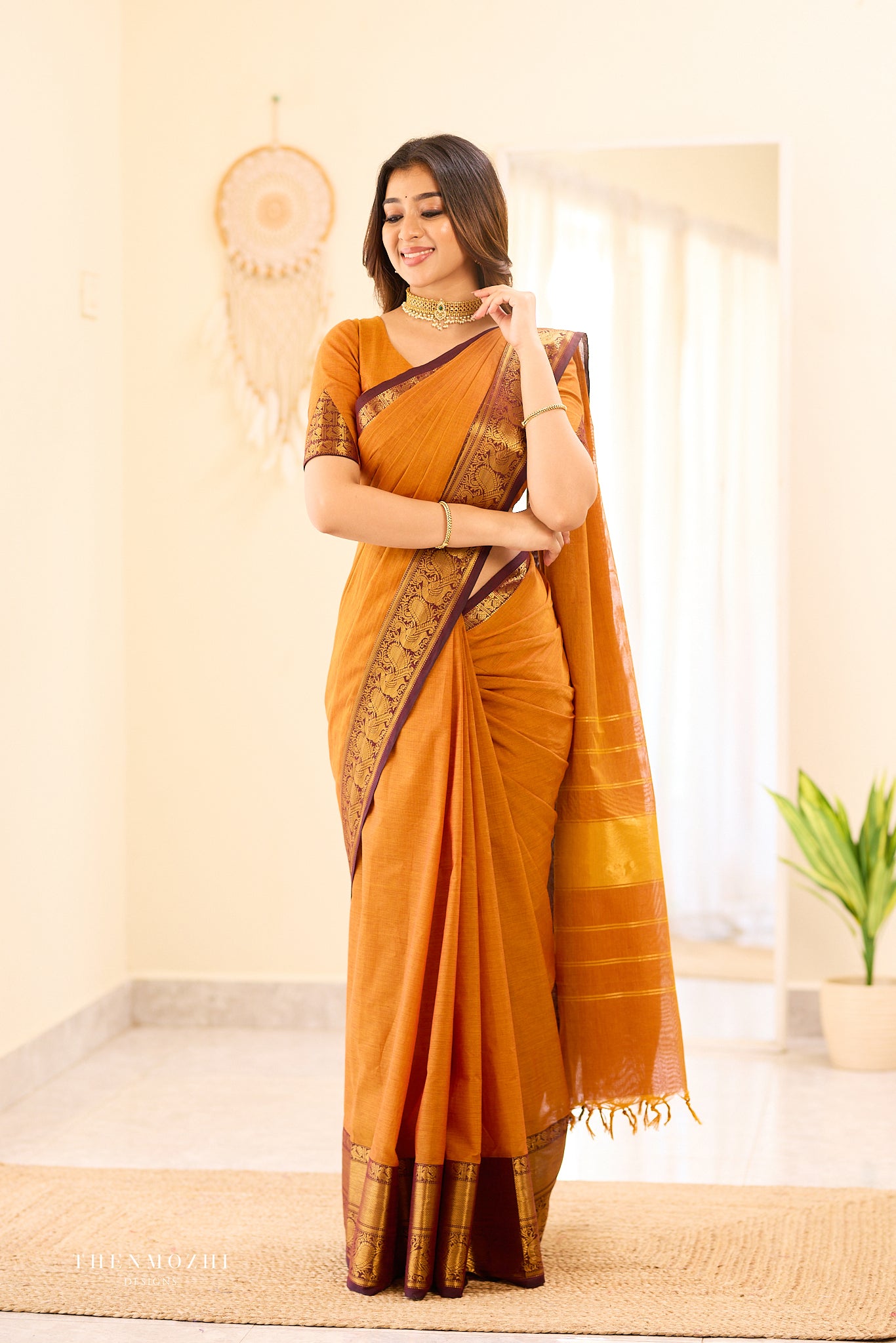 Burnt Orange with Purple Border Chettinad Cotton Saree