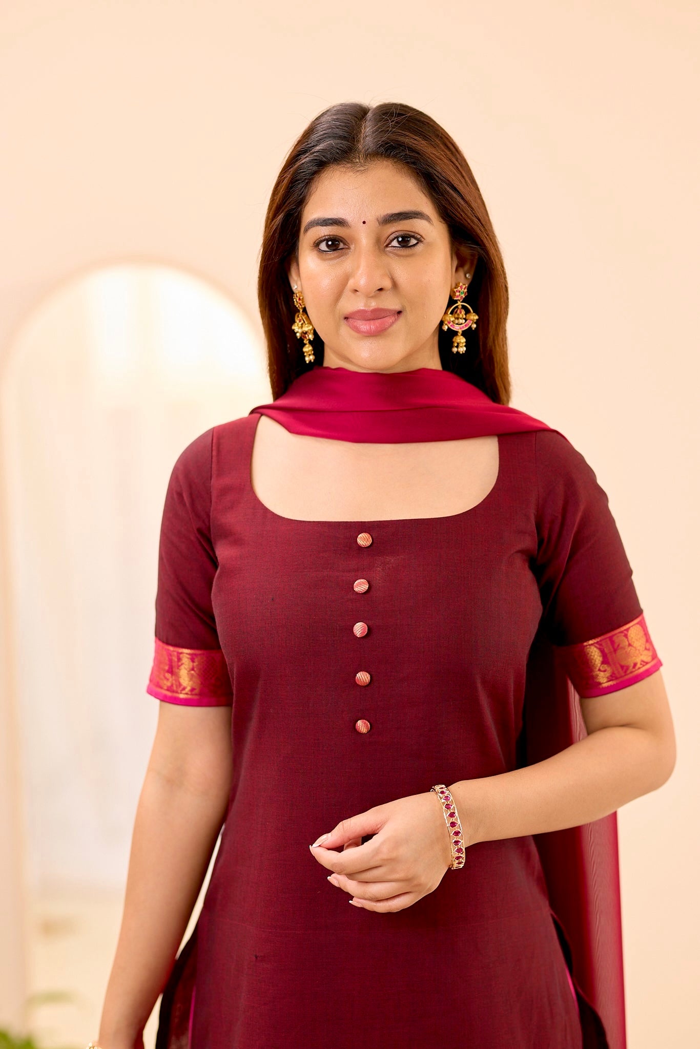 Rich Burgundy with Rani Pink Border Chettinad Top and Dupatta