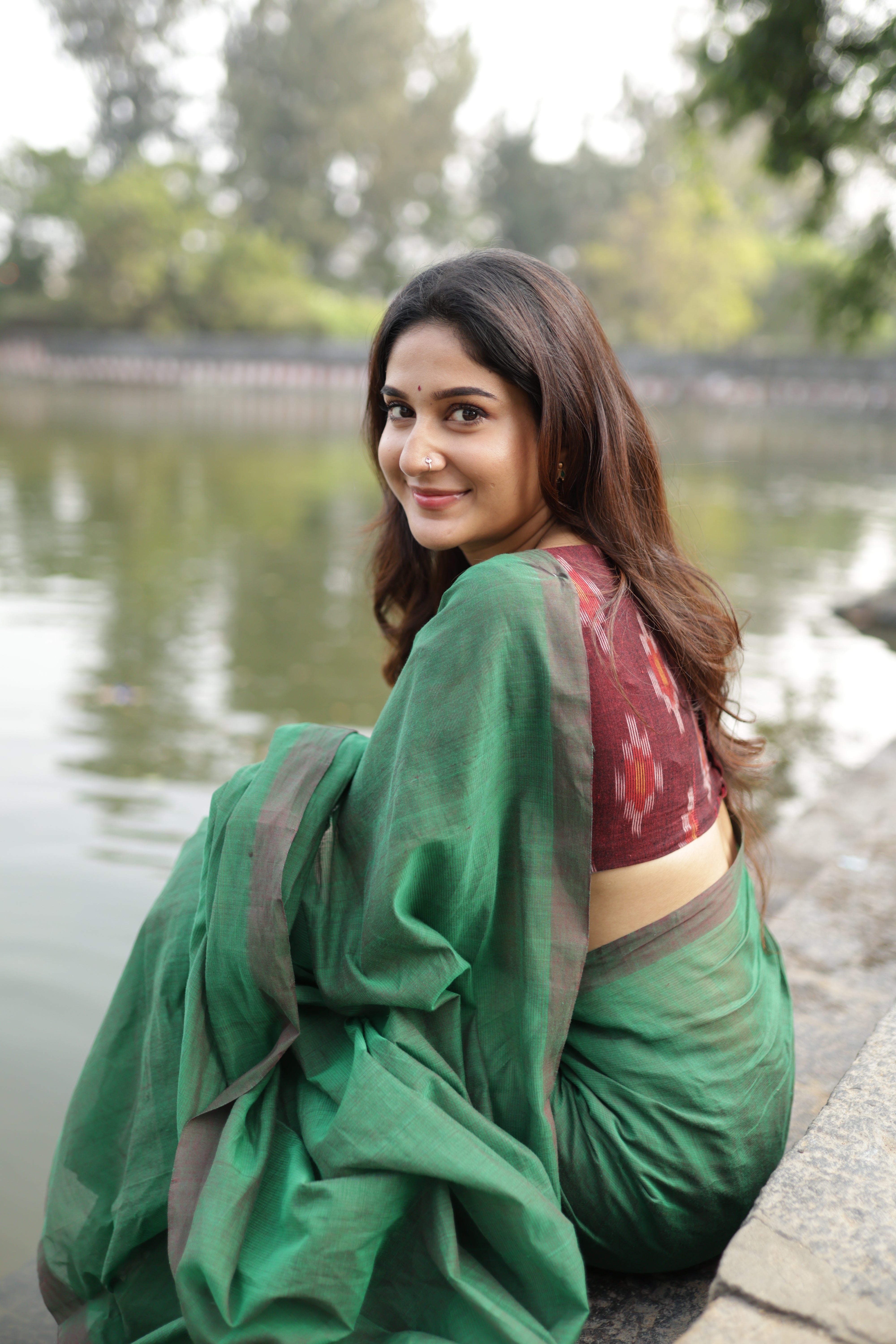 Green Tulips - Green Mangalagiri Plain Cotton Saree