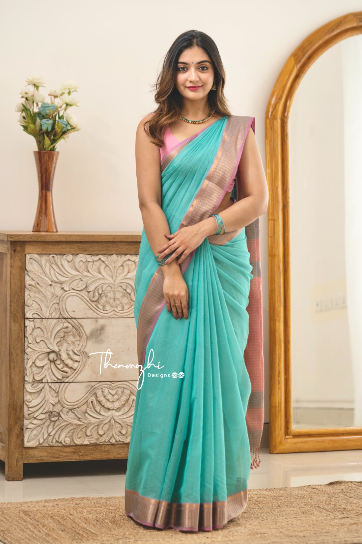 Hridaya (Turquoise) Maheshwari Silk Handloom Cotton Saree