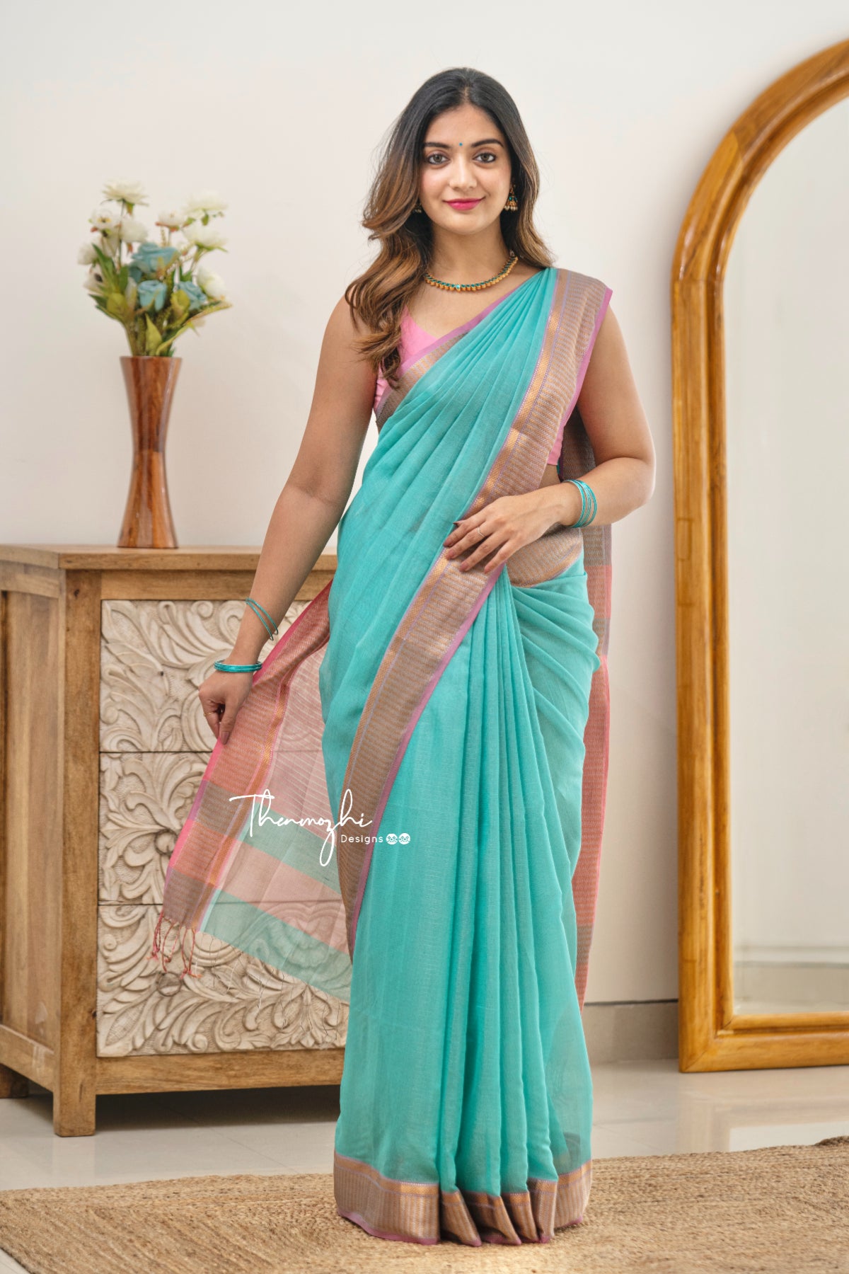 Hridaya (Turquoise) Maheshwari Silk Handloom Cotton Saree