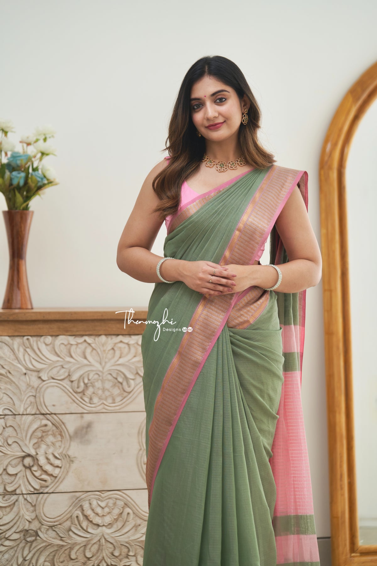 Hridaya (Pastel Green) - Green Maheshwari Silk Handloom Cotton Saree