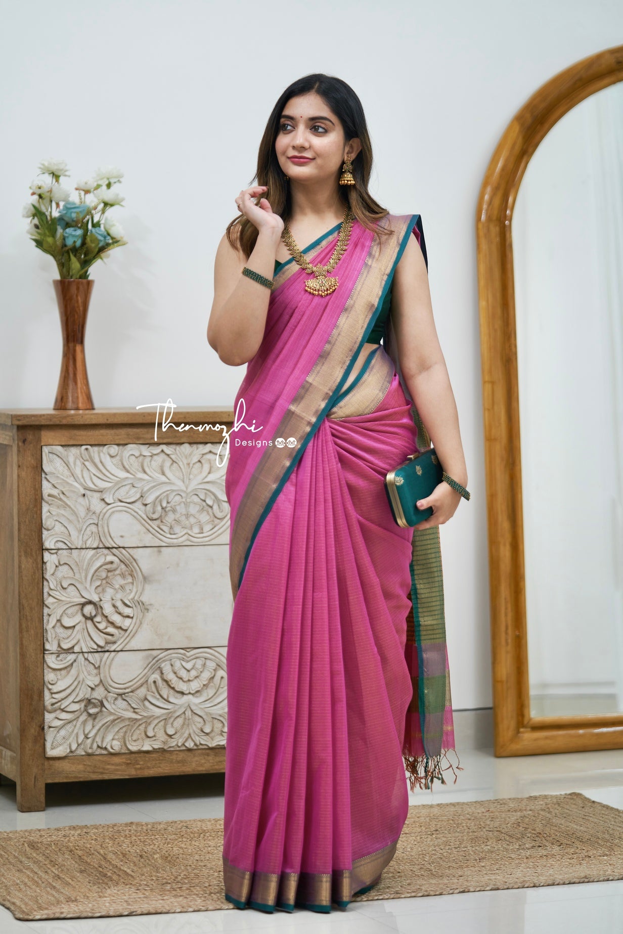 Hridaya (Pink) - Pink Maheshwari Tissue Silk Handloom Cotton Saree