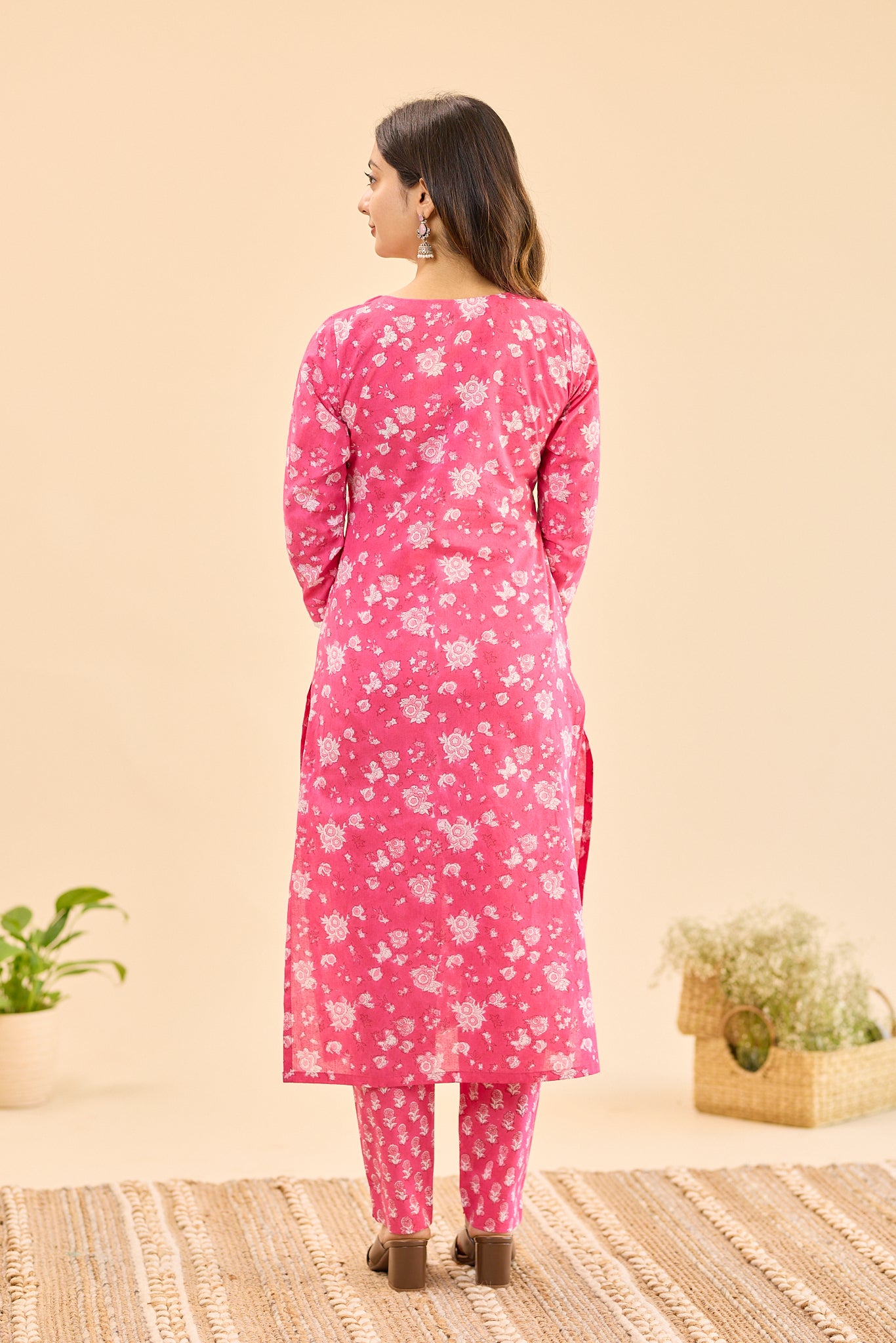 Candy Pink with White Floral Block Print Cotton Salwar Suit Set with Kota Dupatta