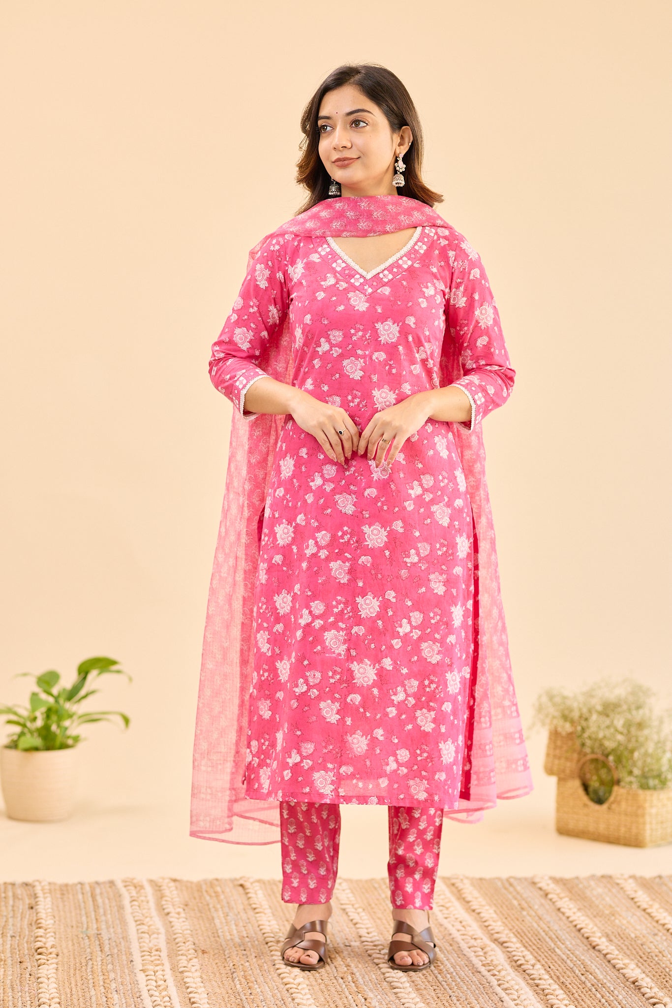 Candy Pink with White Floral Block Print Cotton Salwar Suit Set with Kota Dupatta
