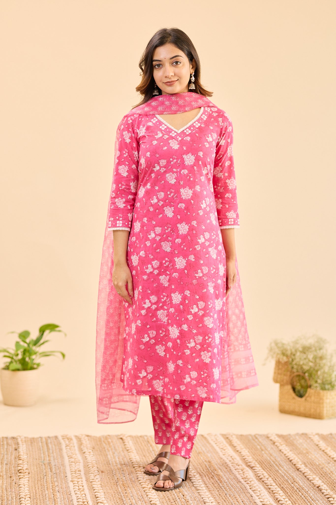Candy Pink with White Floral Block Print Cotton Salwar Suit Set with Kota Dupatta