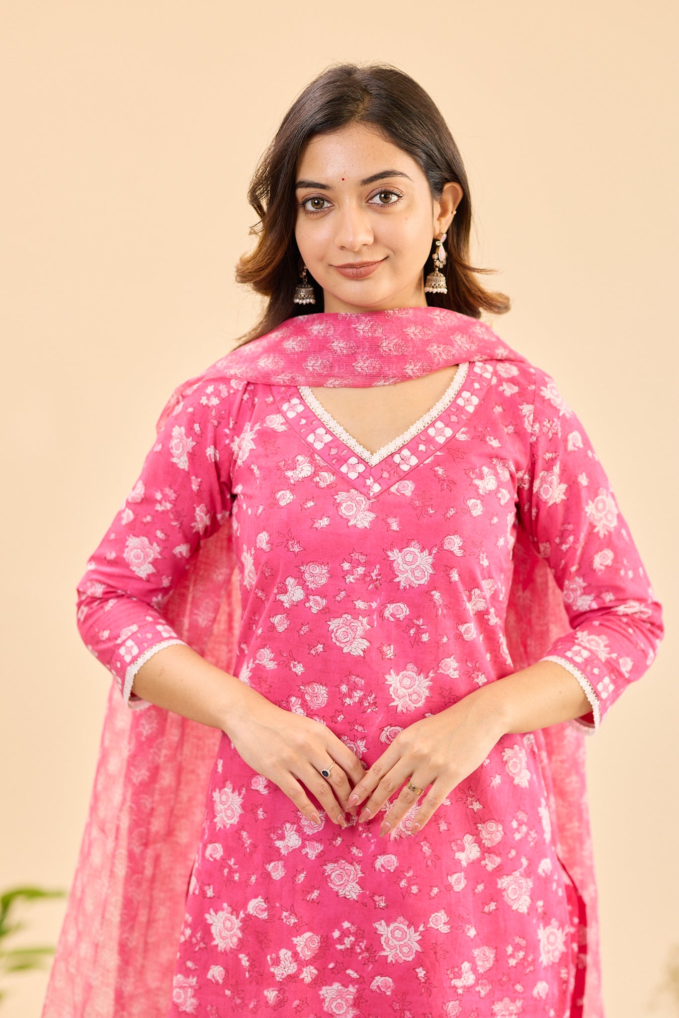 Candy Pink with White Floral Block Print Cotton Salwar Suit Set with Kota Dupatta