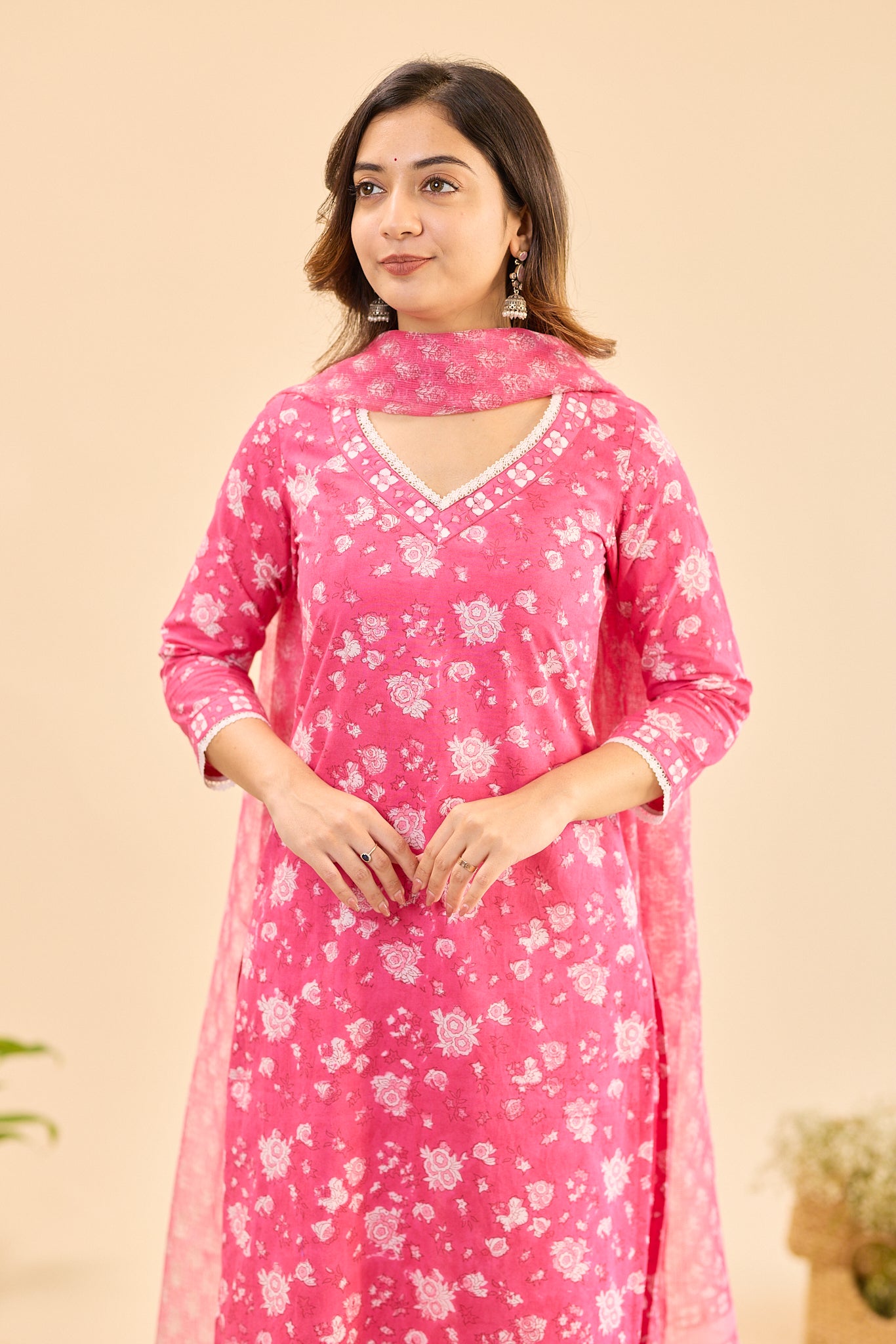 Candy Pink with White Floral Block Print Cotton Salwar Suit Set with Kota Dupatta