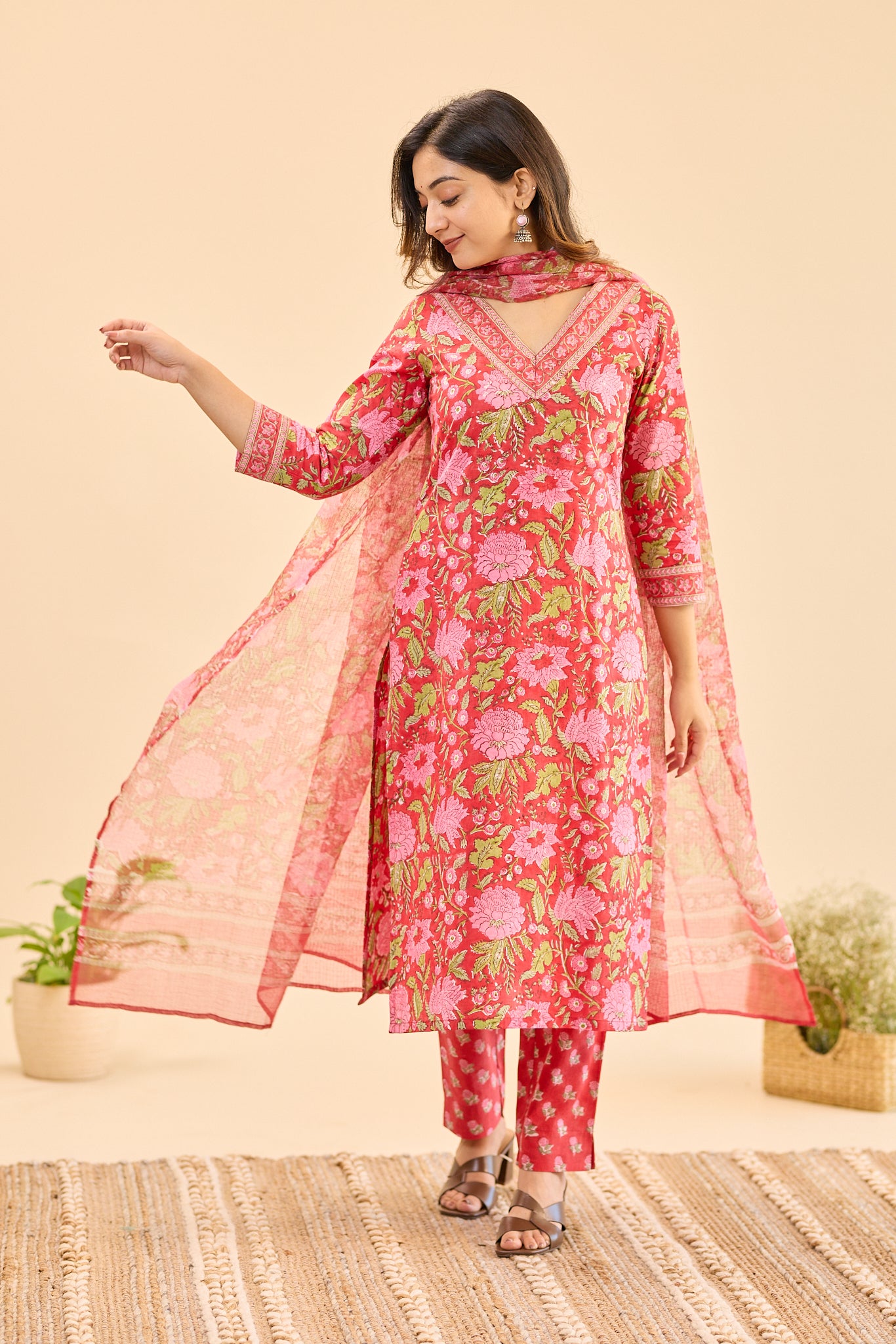 Candy Red with Pink floral Block Print Cotton Salwar Suit Set with Kota Dupatta