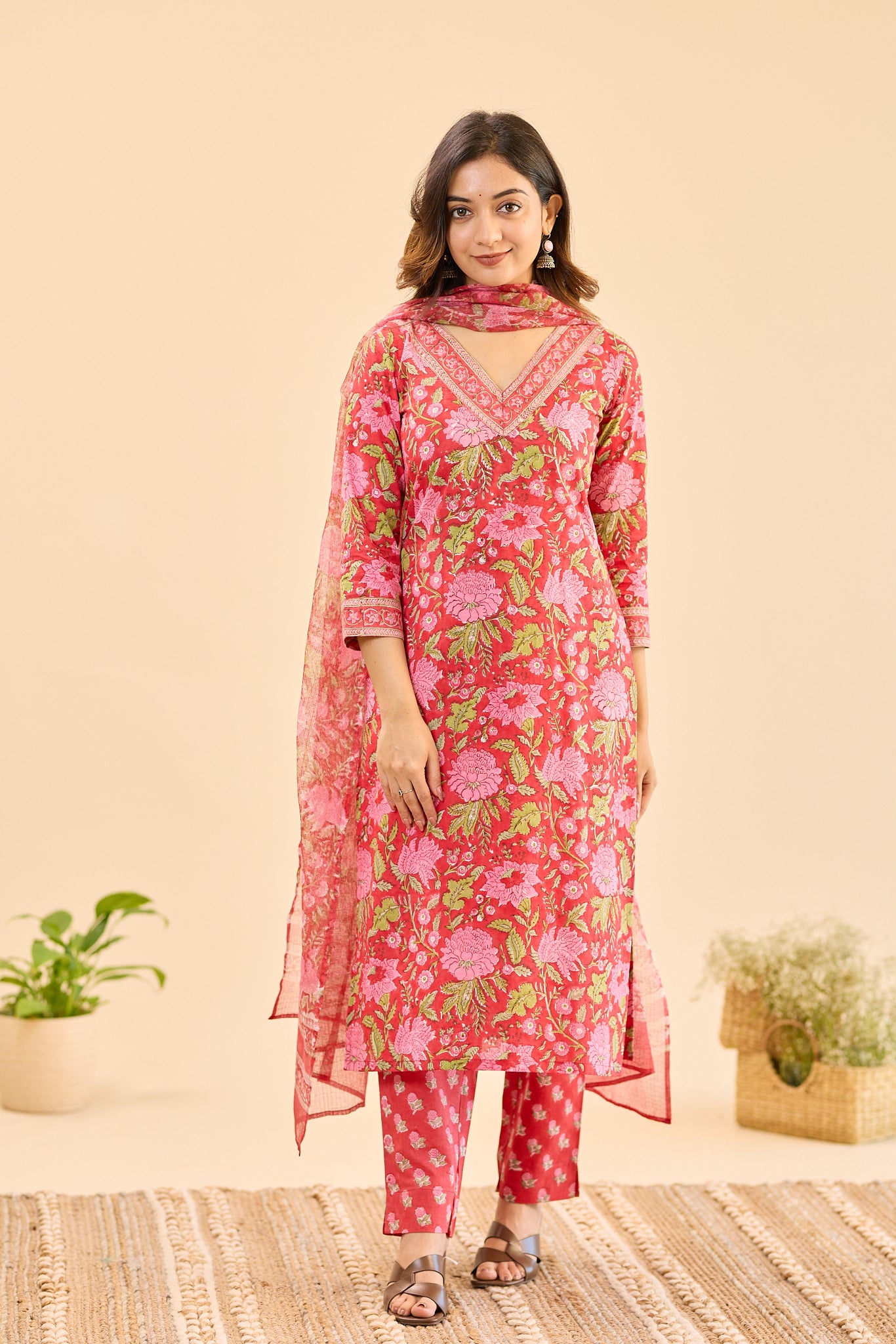 Candy Red with Pink floral Block Print Cotton Salwar Suit Set with Kota Dupatta