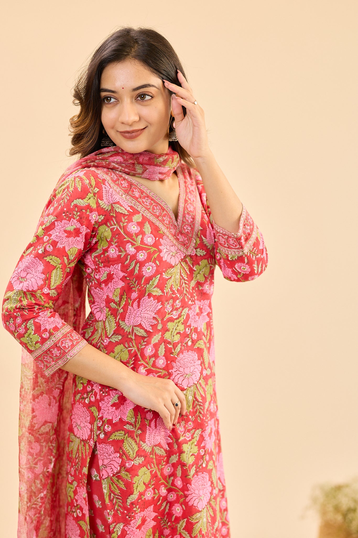 Candy Red with Pink floral Block Print Cotton Salwar Suit Set with Kota Dupatta