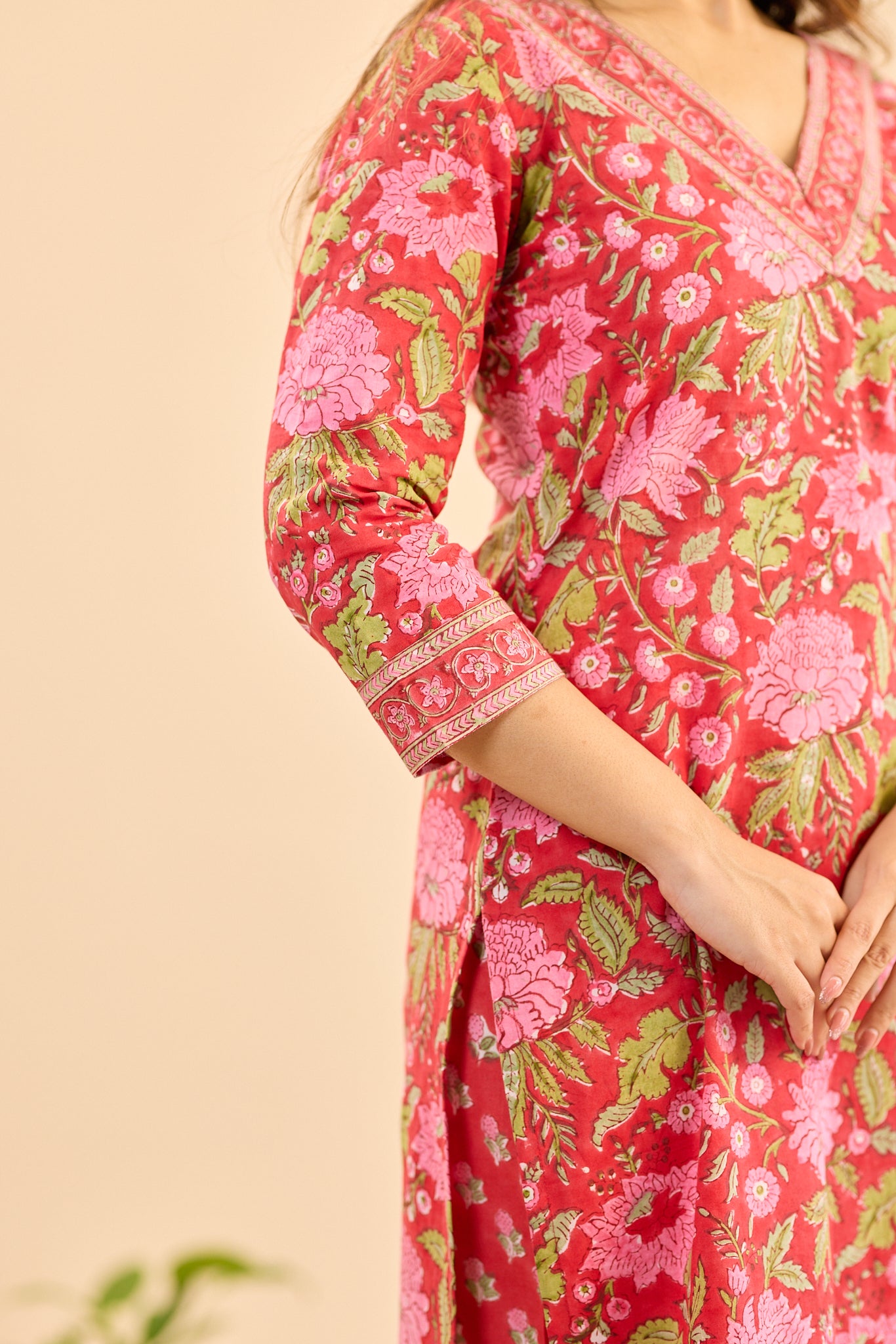 Candy Red with Pink floral Block Print Cotton Salwar Suit Set with Kota Dupatta