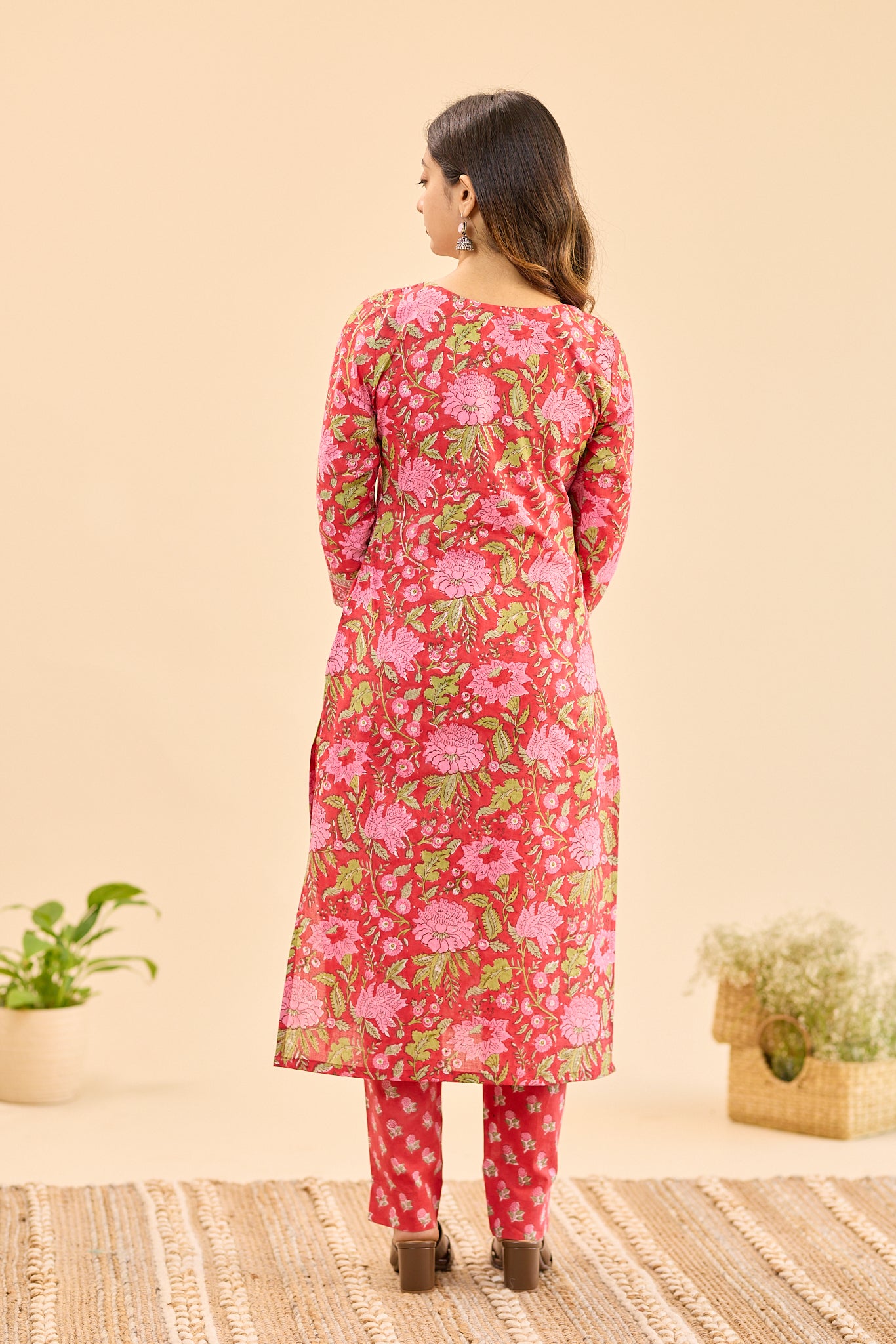 Candy Red with Pink floral Block Print Cotton Salwar Suit Set with Kota Dupatta