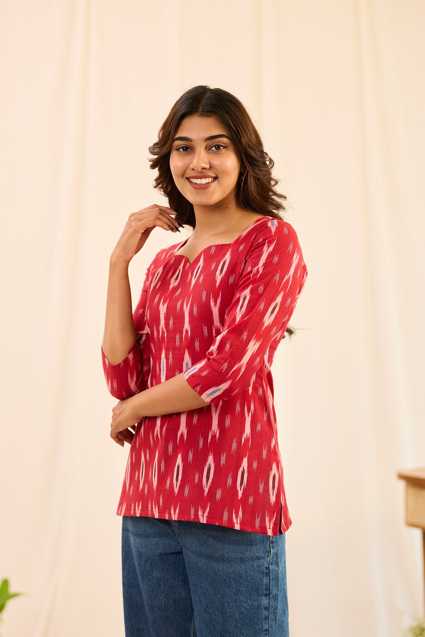 Cherry Red with White Ikkat Printed Cotton Short Kurti