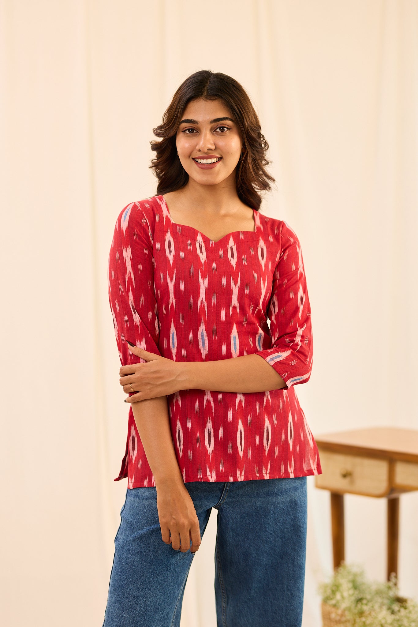 Cherry Red with White Ikkat Printed Cotton Short Kurti