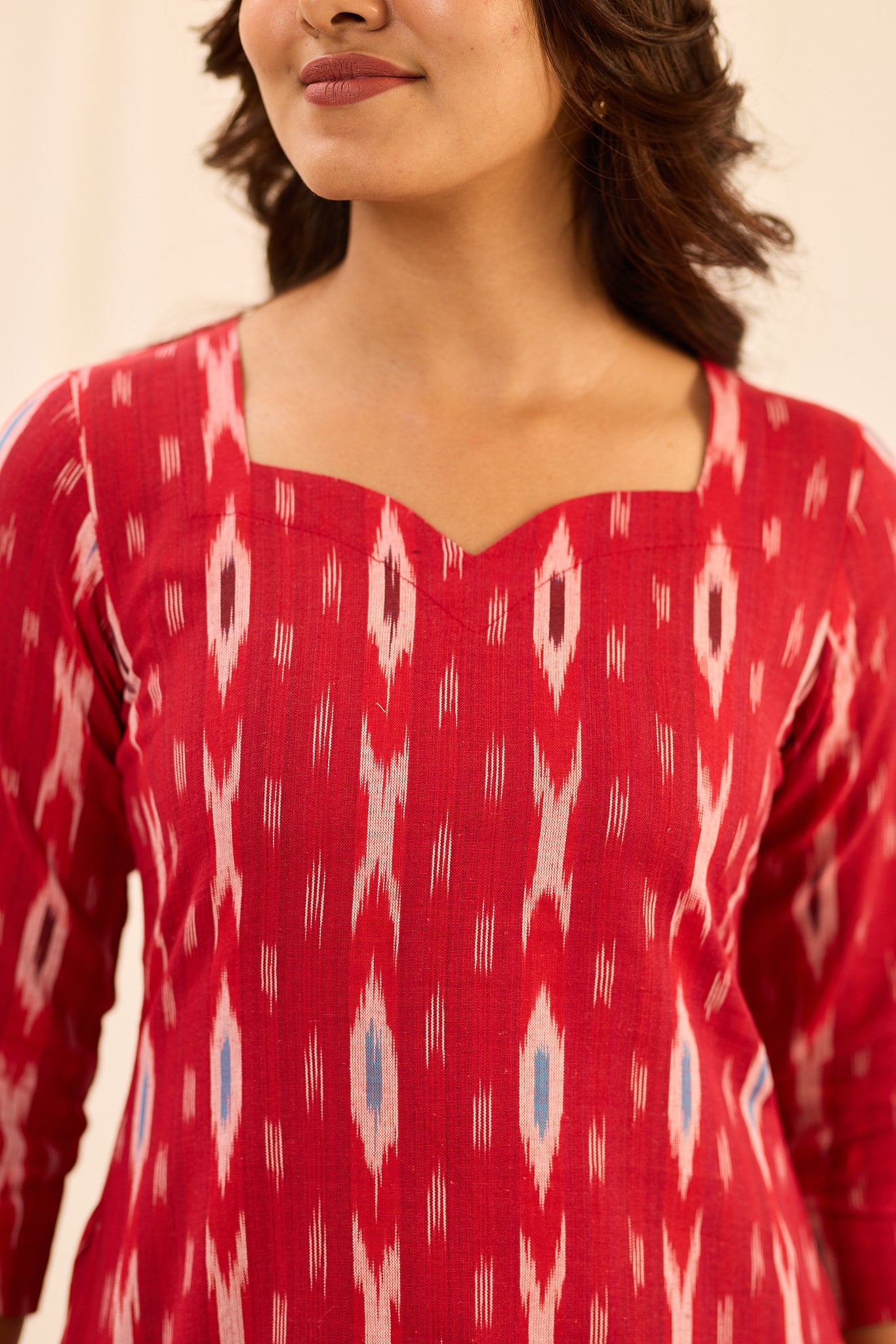 Cherry Red with White Ikkat Printed Cotton Short Kurti
