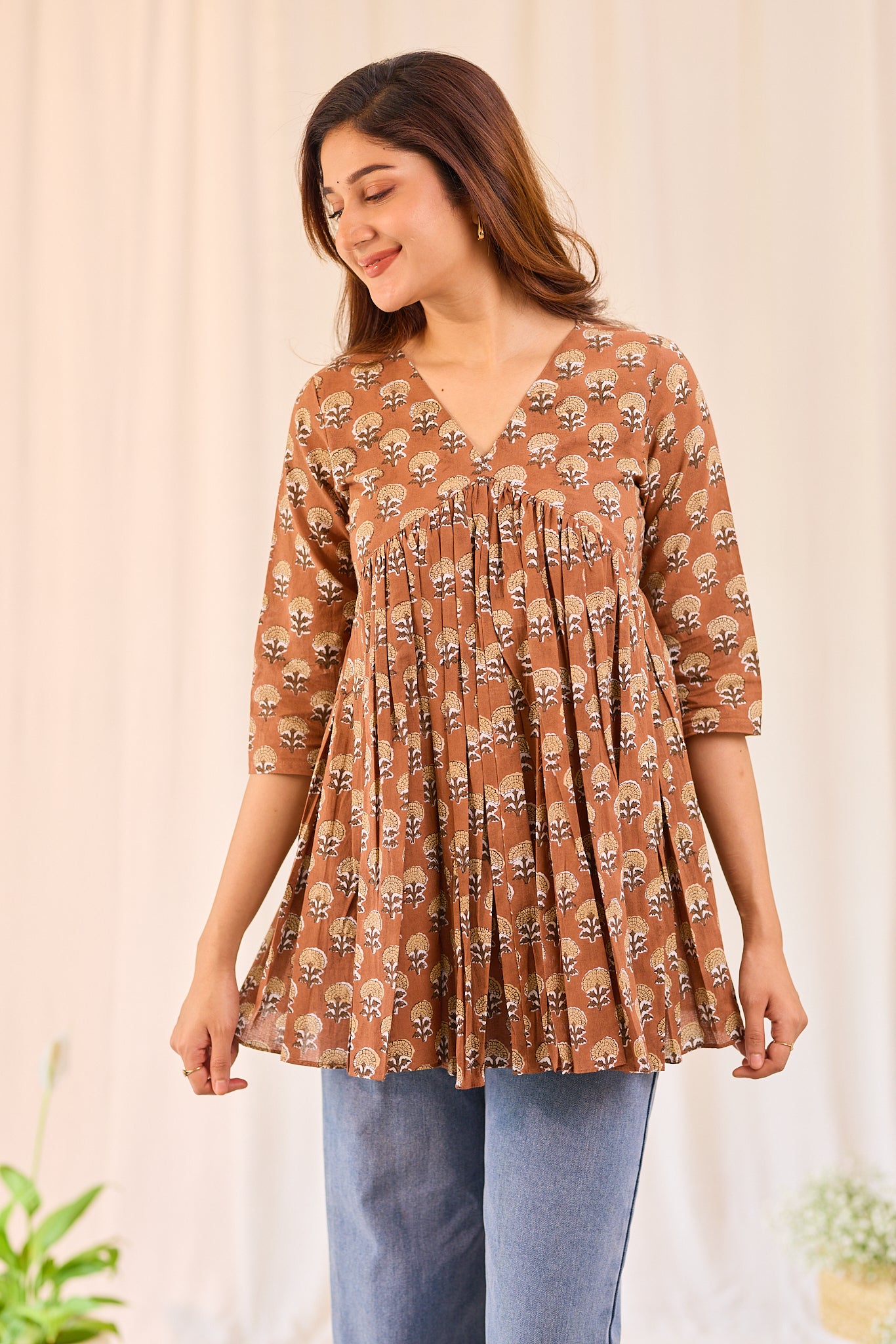 Cinnamon Brown Printed Cotton Short Kurti