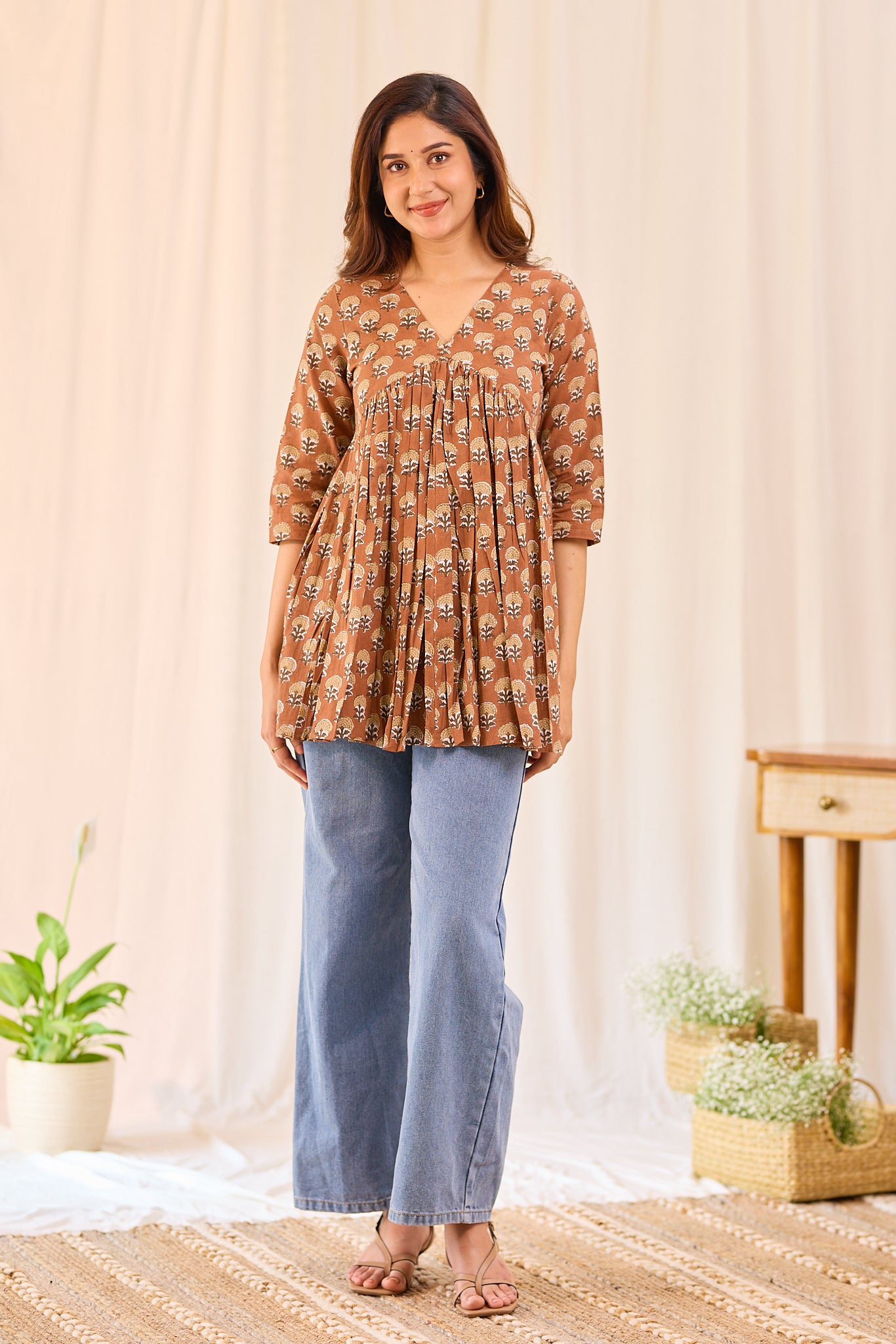 Cinnamon Brown Printed Cotton Short Kurti