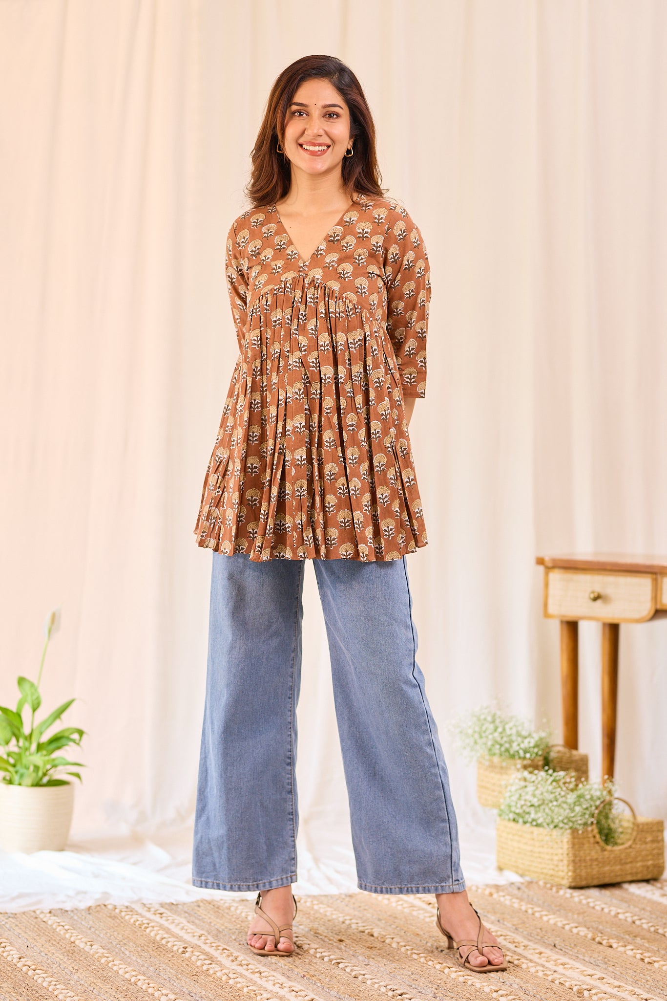 Cinnamon Brown Printed Cotton Short Kurti