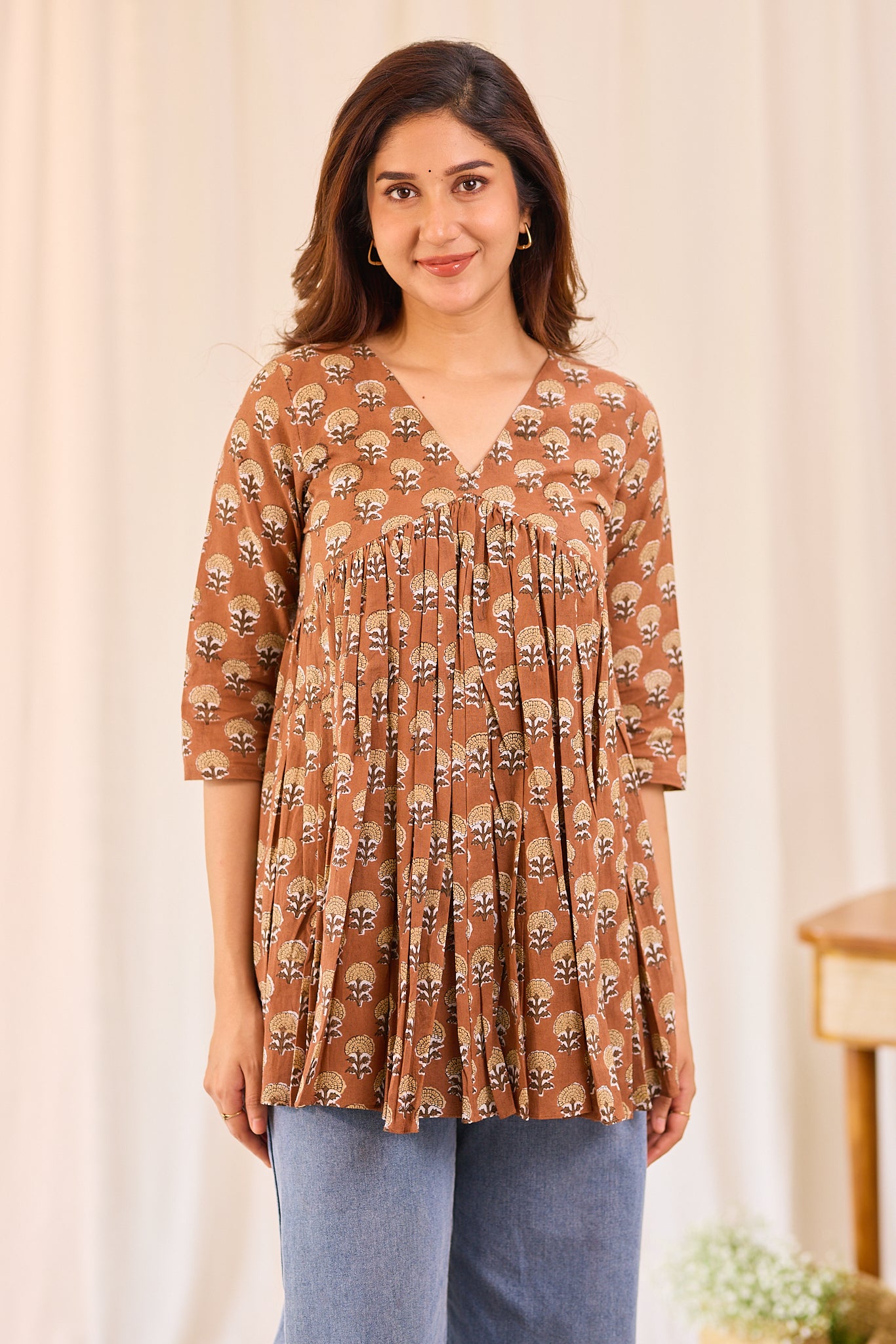 Cinnamon Brown Printed Cotton Short Kurti