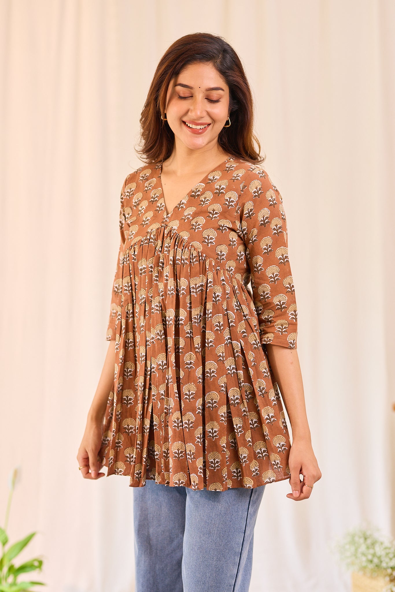 Cinnamon Brown Printed Cotton Short Kurti