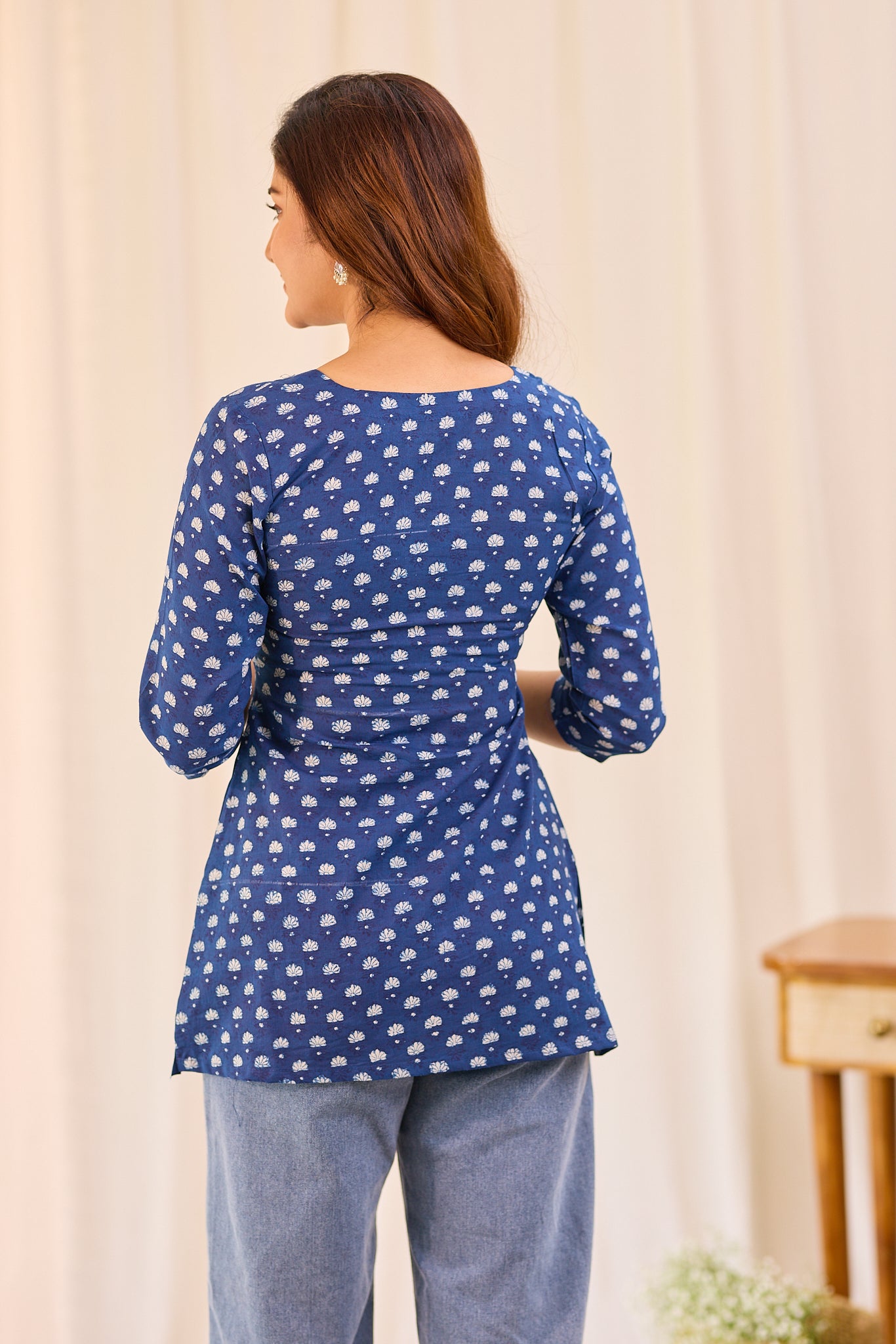 Classic Indigo Blue Printed Cotton Short Kurti