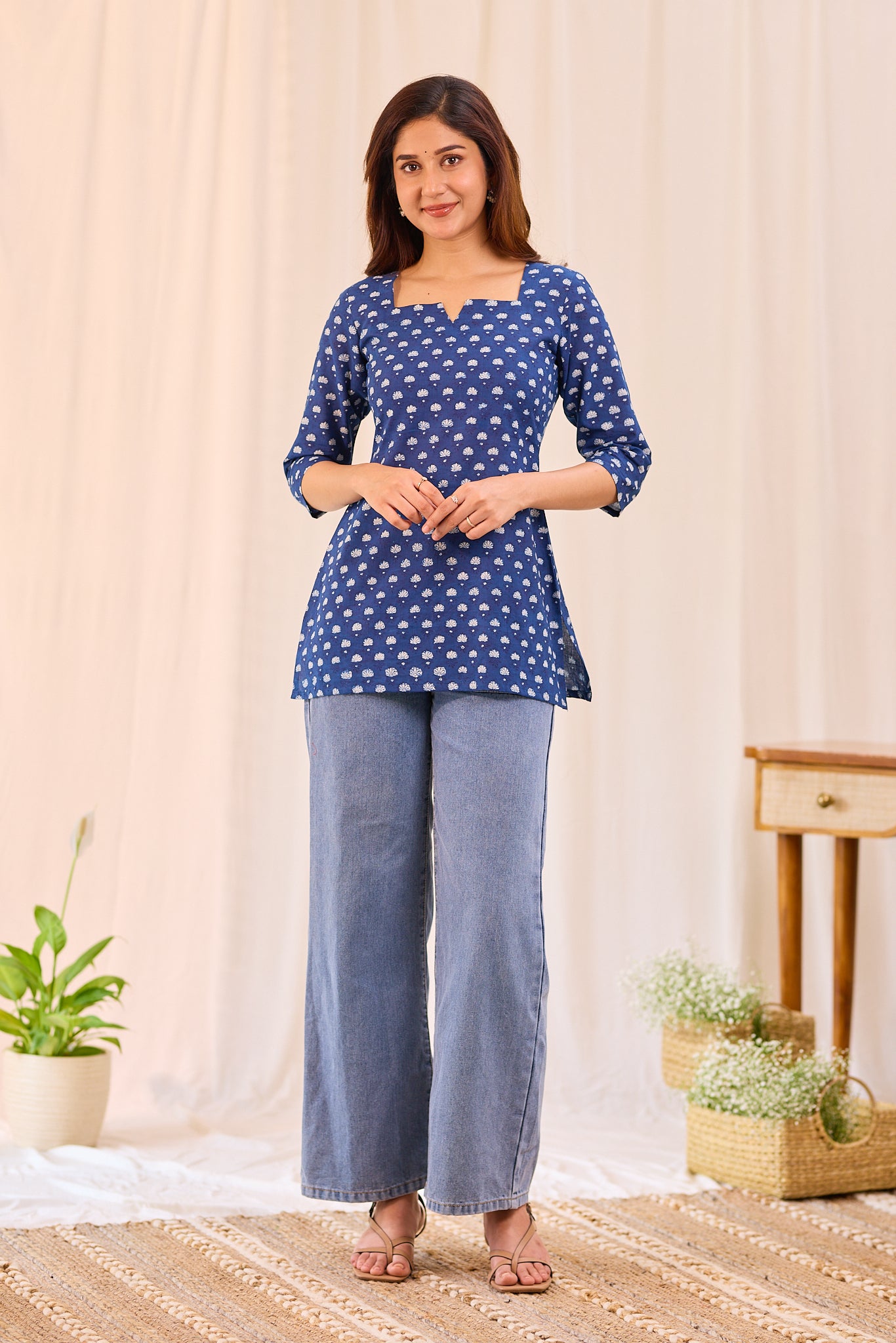 Classic Indigo Blue Printed Cotton Short Kurti