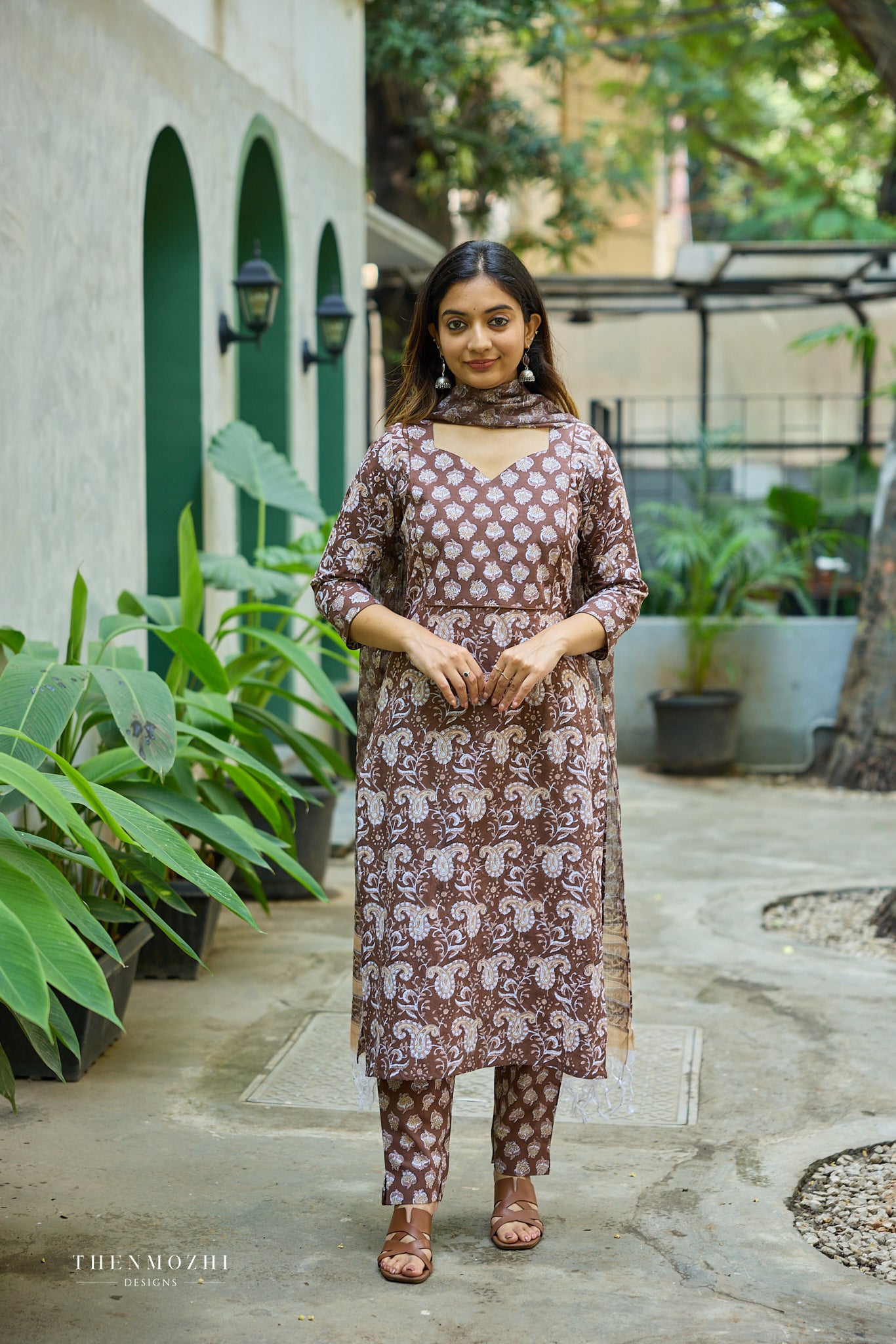 Cocoa Brown Floral Block Printed Cotton Suit Set with Kota Dupatta