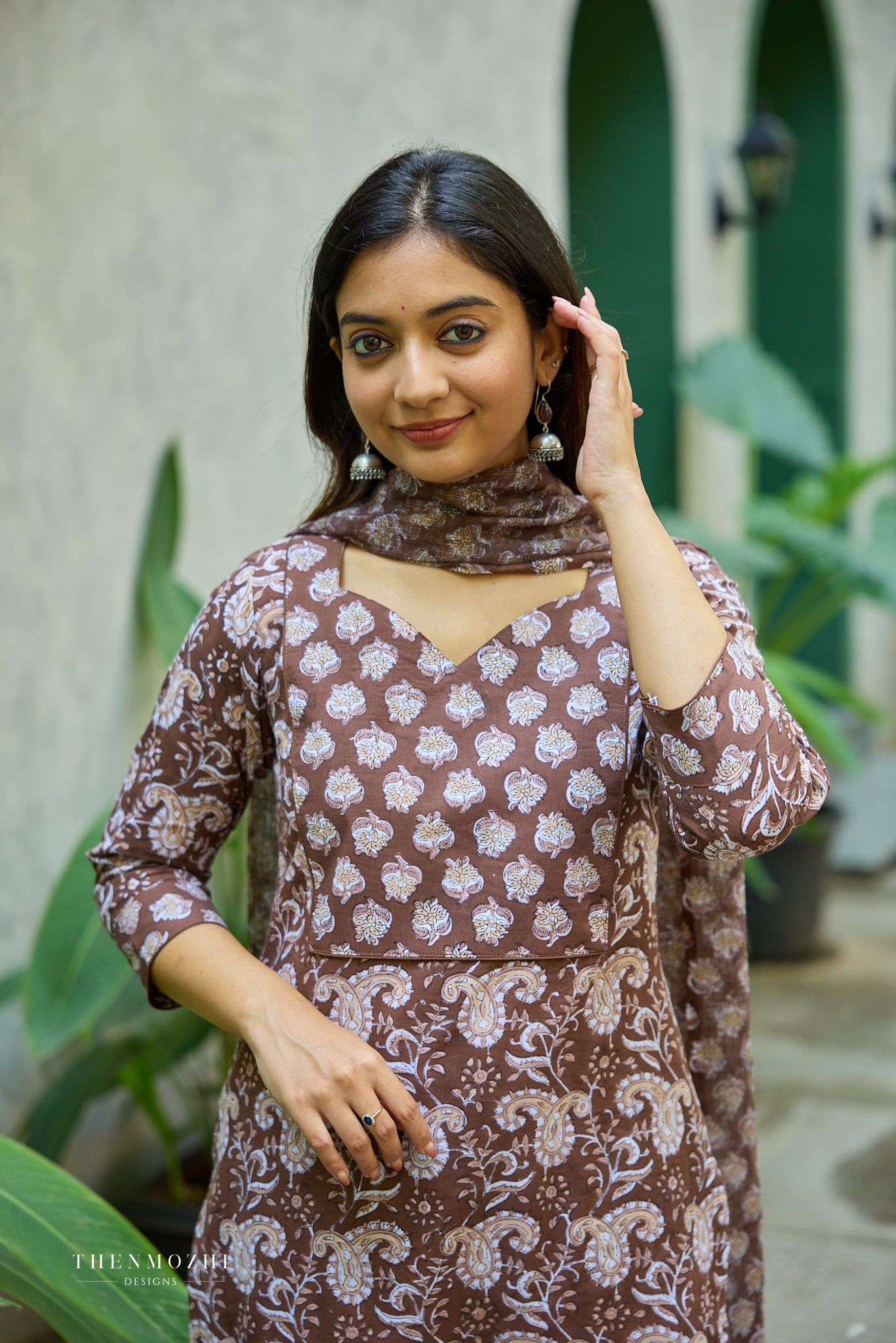 Cocoa Brown Floral Block Printed Cotton Suit Set with Kota Dupatta