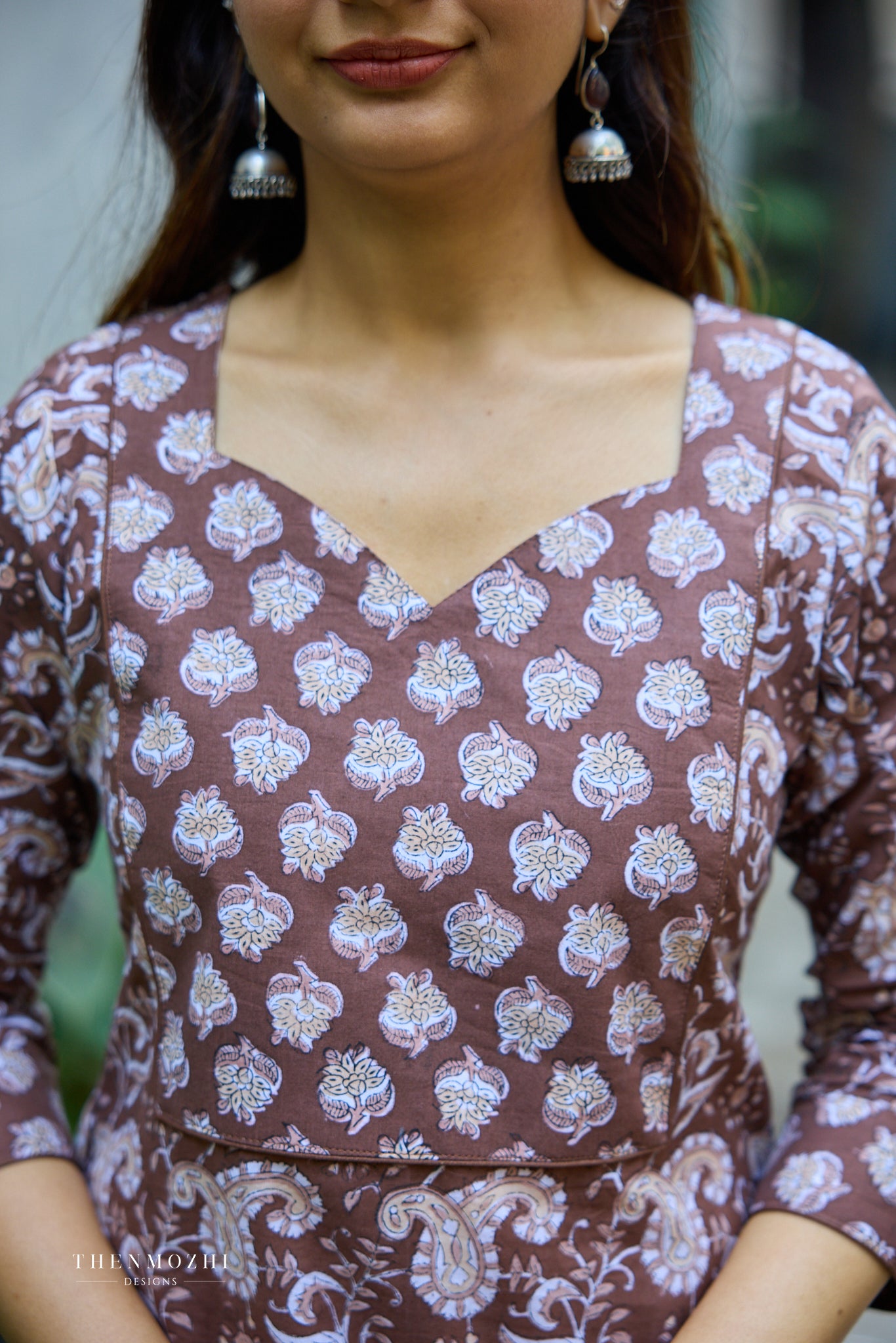 Cocoa Brown Floral Block Printed Cotton Suit Set with Kota Dupatta