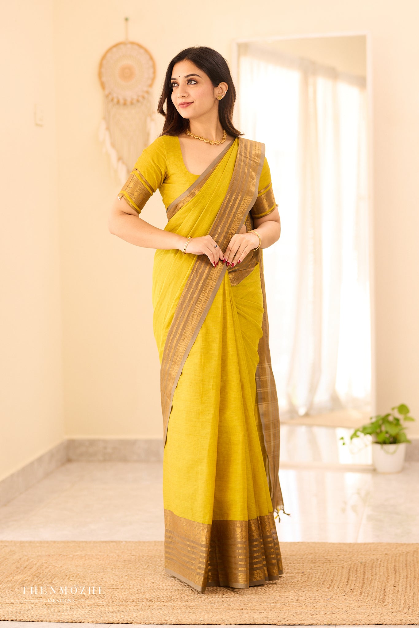 Corn Yellow Chettinad Cotton Saree with Grey Zari Border