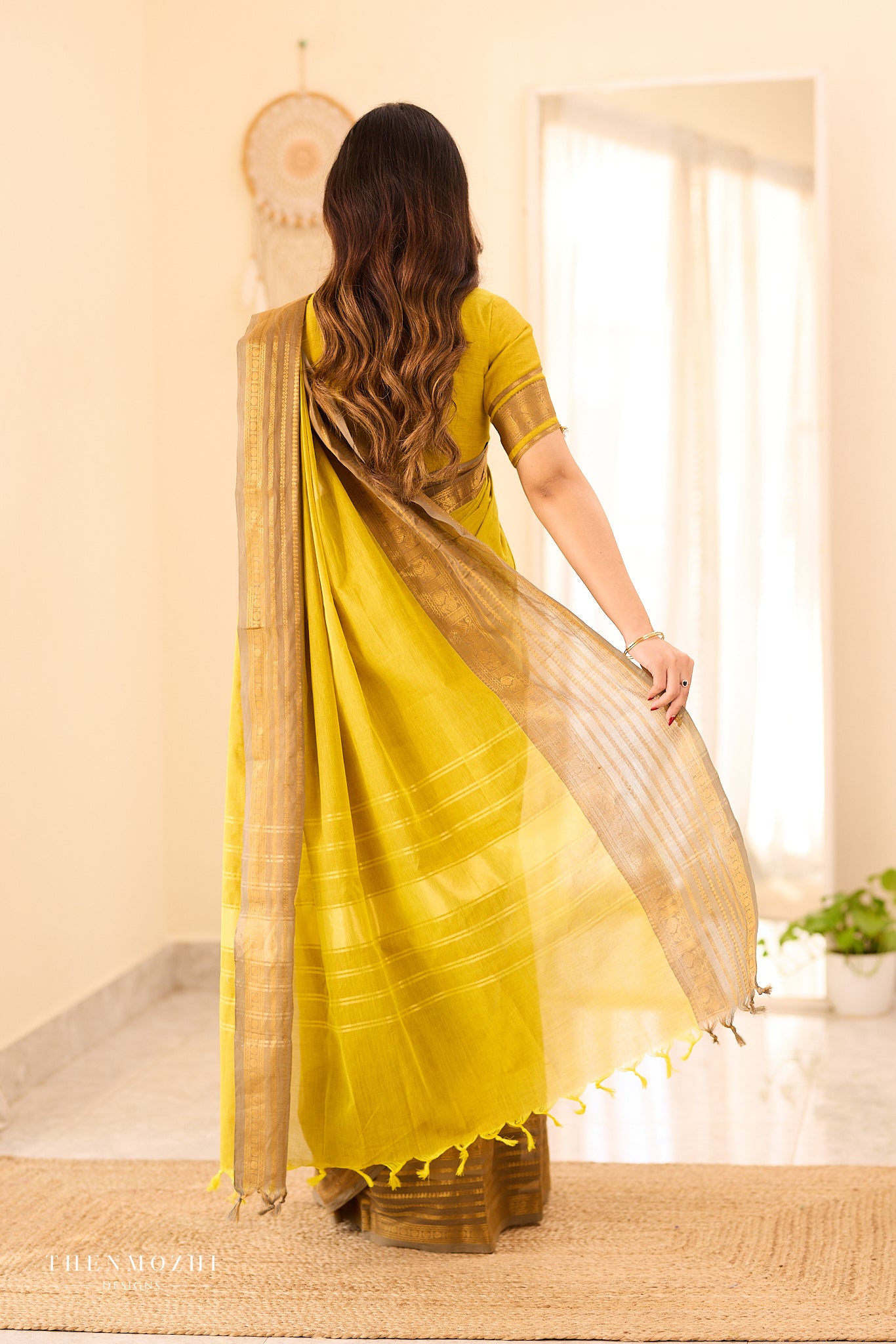 Corn Yellow Chettinad Cotton Saree with Grey Zari Border