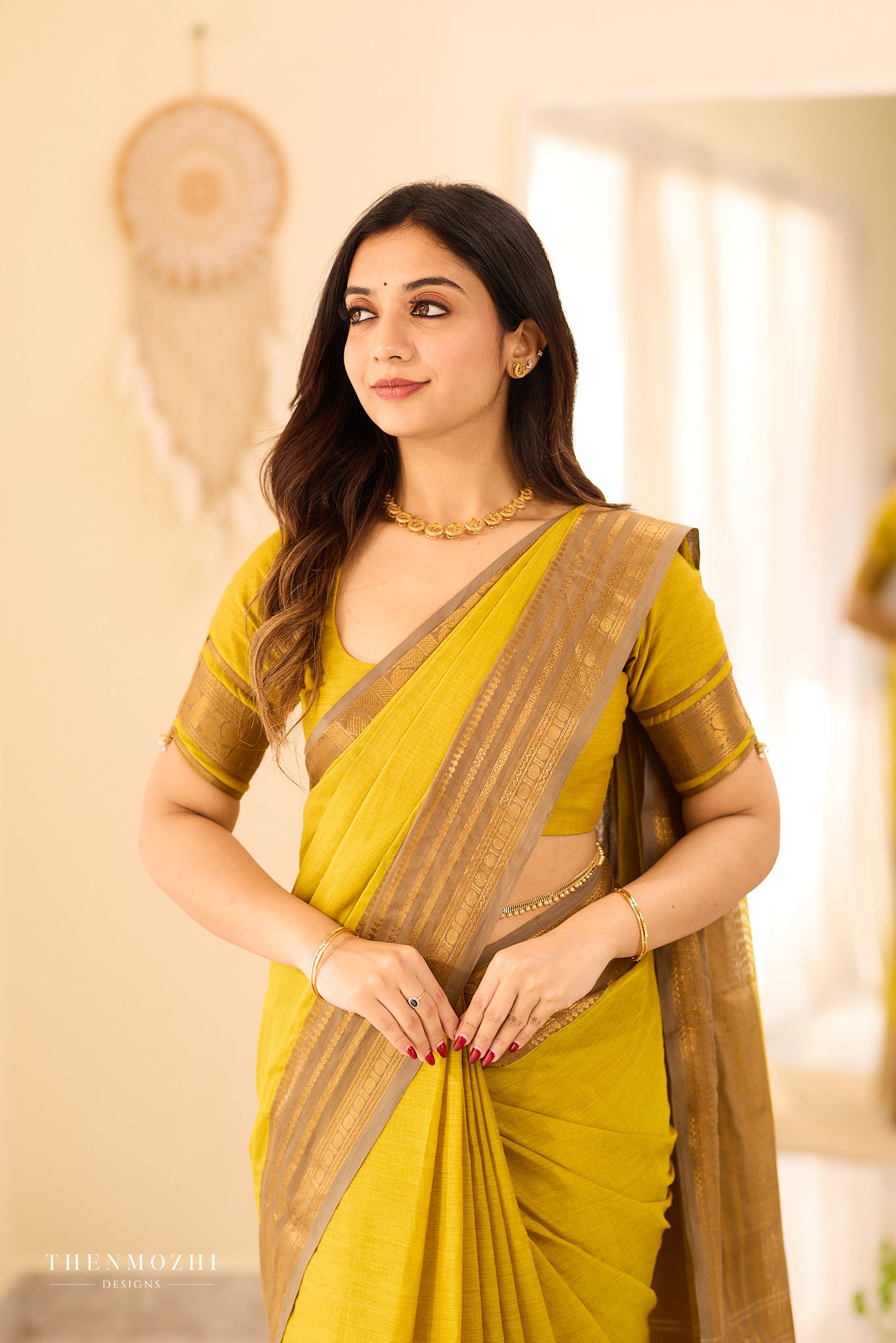Corn Yellow Chettinad Cotton Saree with Grey Zari Border