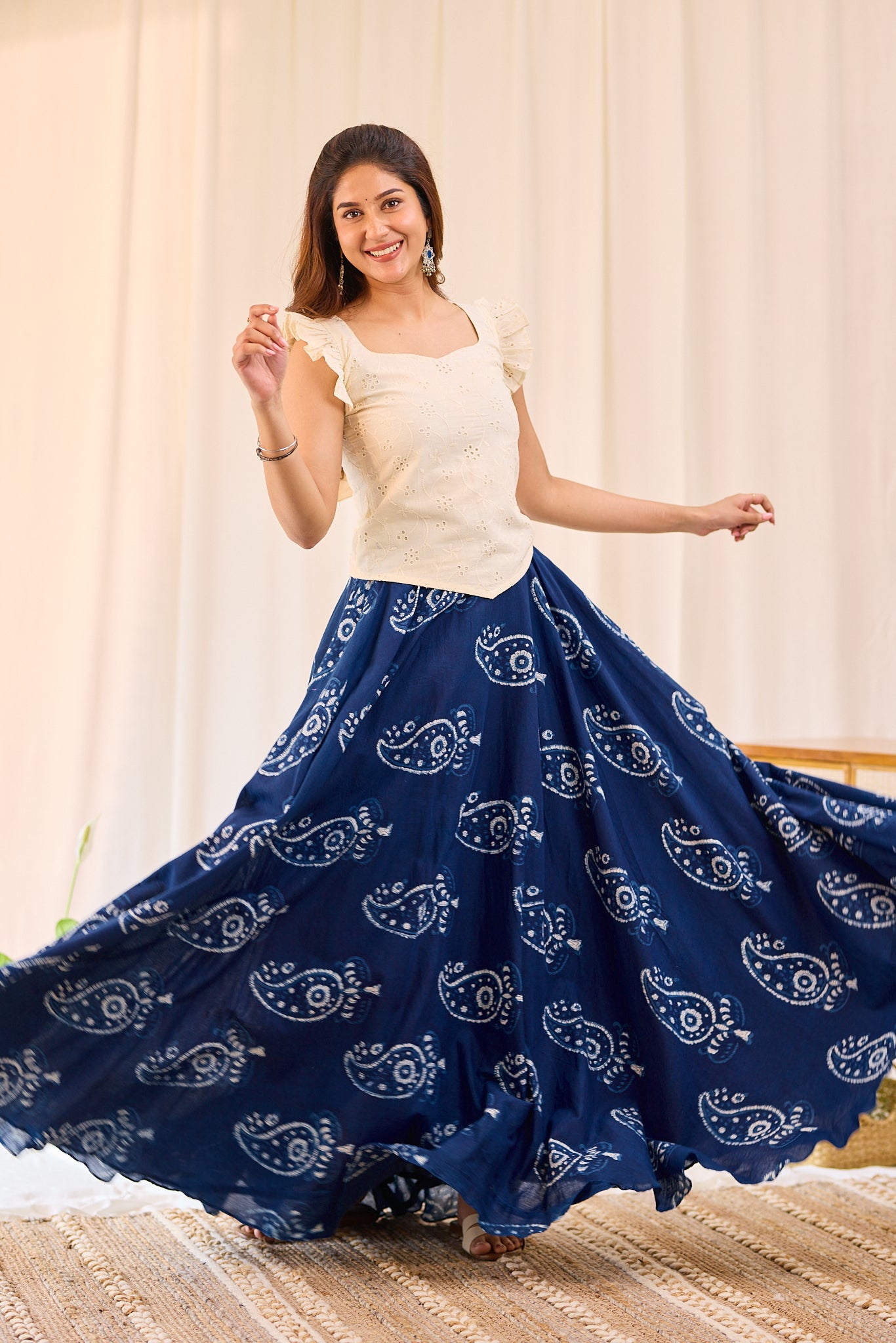 Classic Indigo Floral Hand- Block Printed Skirt