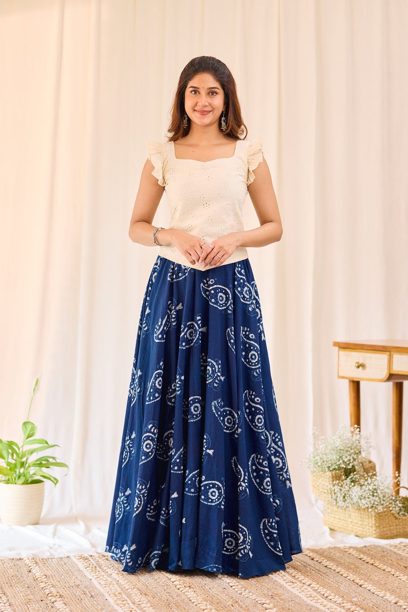 Classic Indigo Floral Hand- Block Printed Skirt