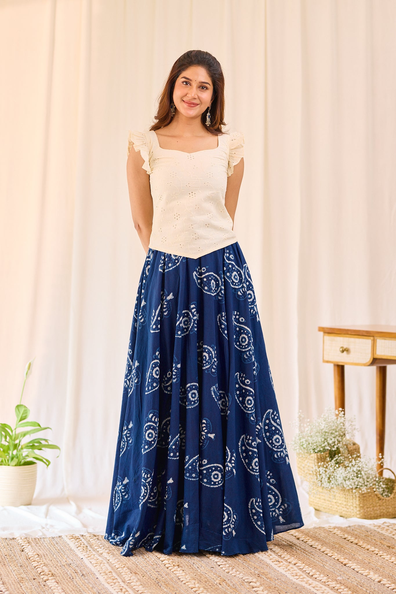 Classic Indigo Floral Hand- Block Printed Skirt