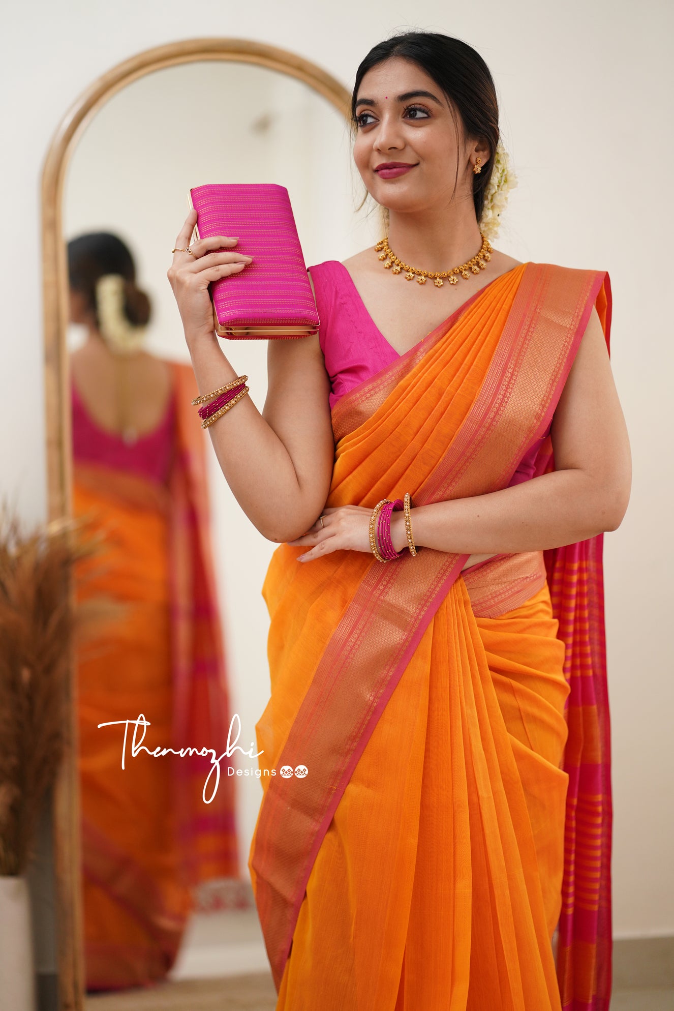 Diva (Orange) Maheshwari Silk Handloom Cotton Saree