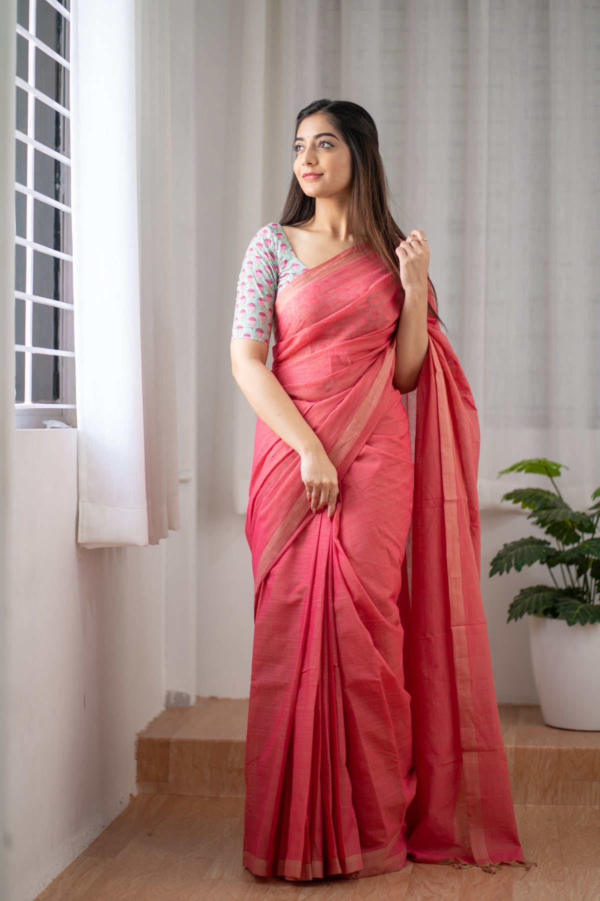 Strawberry Short Cake - Pink Mangalagiri Plain Cotton Saree