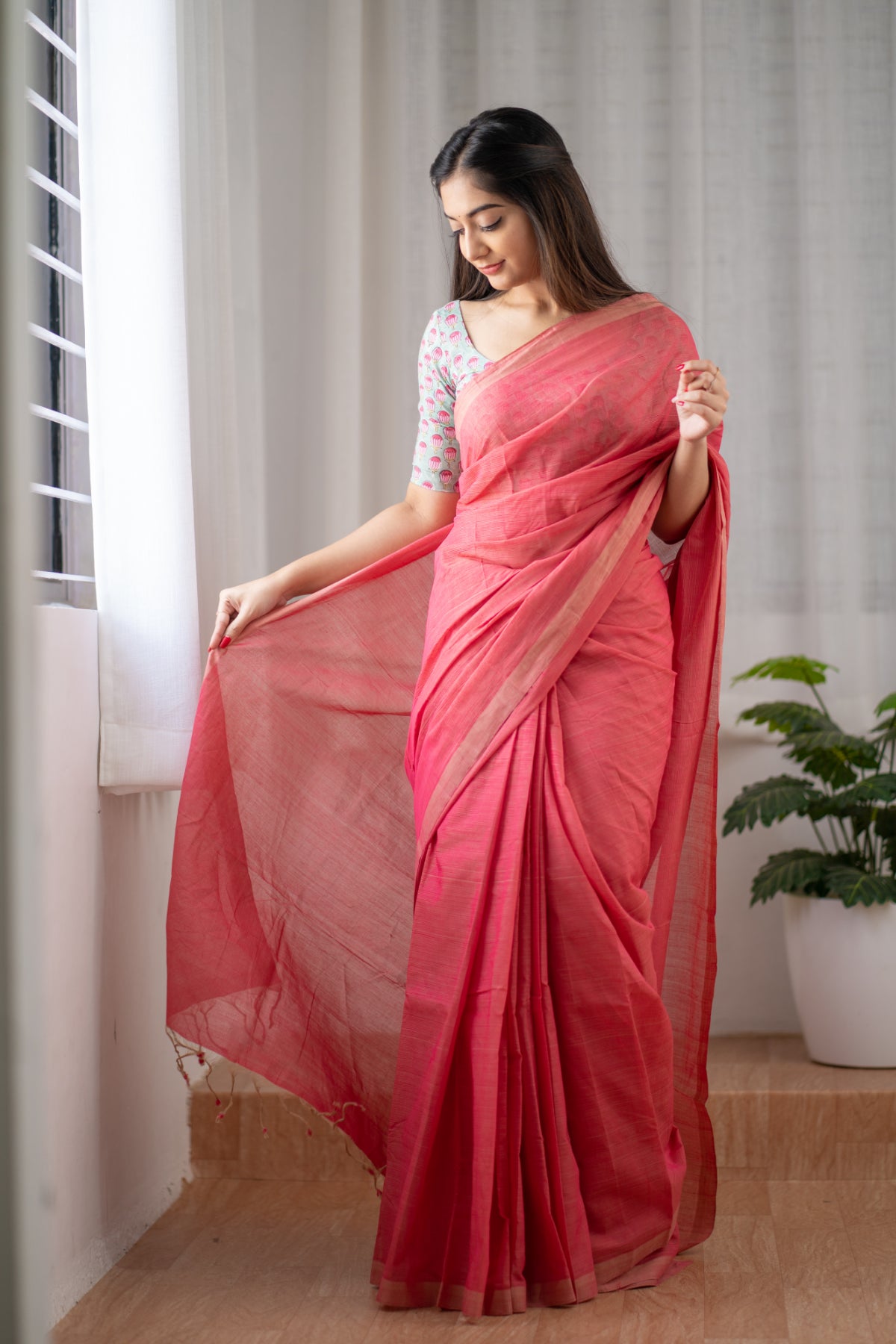 Strawberry Short Cake - Pink Mangalagiri Plain Cotton Saree