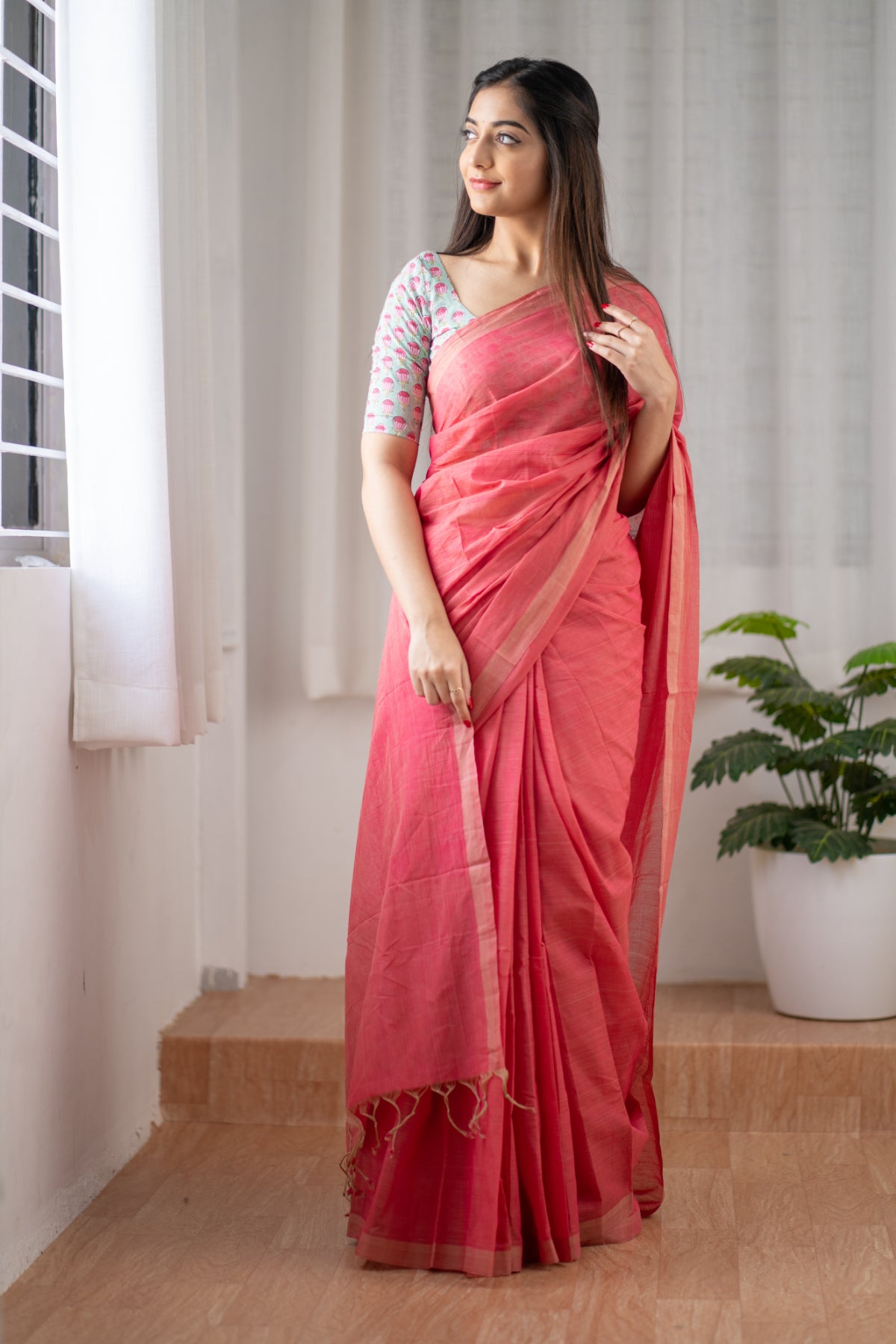 Strawberry Short Cake - Pink Mangalagiri Plain Cotton Saree