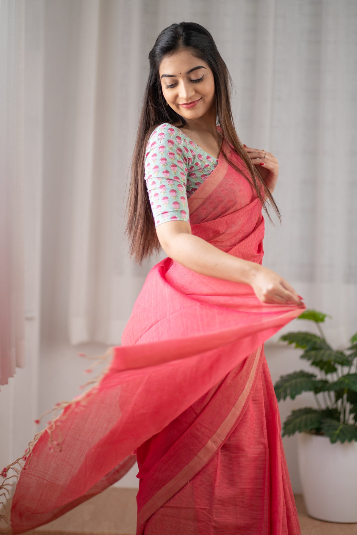 Strawberry Short Cake - Pink Mangalagiri Plain Cotton Saree