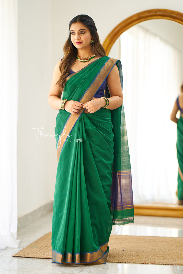 Green (Zari Border) - Mangalagiri Cotton Saree with Zari Border