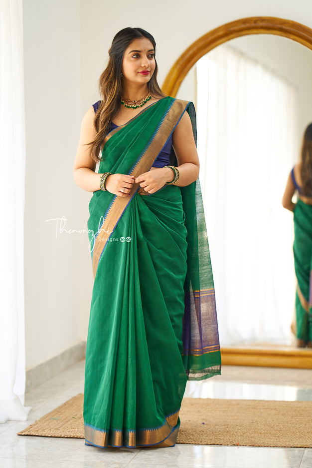 Green (Zari Border) - Mangalagiri Cotton Saree with Zari Border