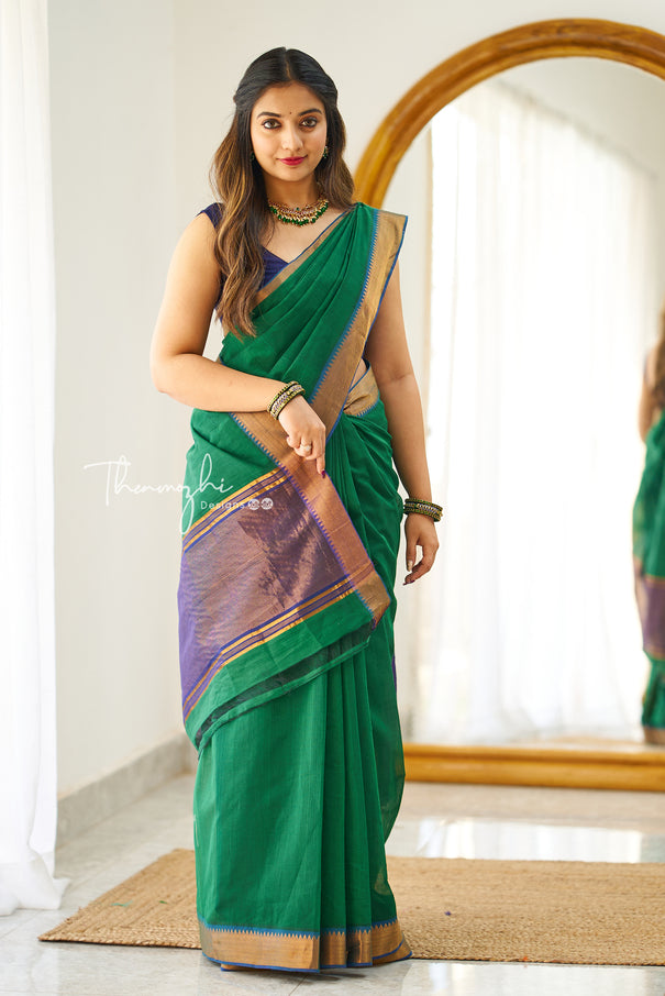Green (Zari Border) - Mangalagiri Cotton Saree with Zari Border