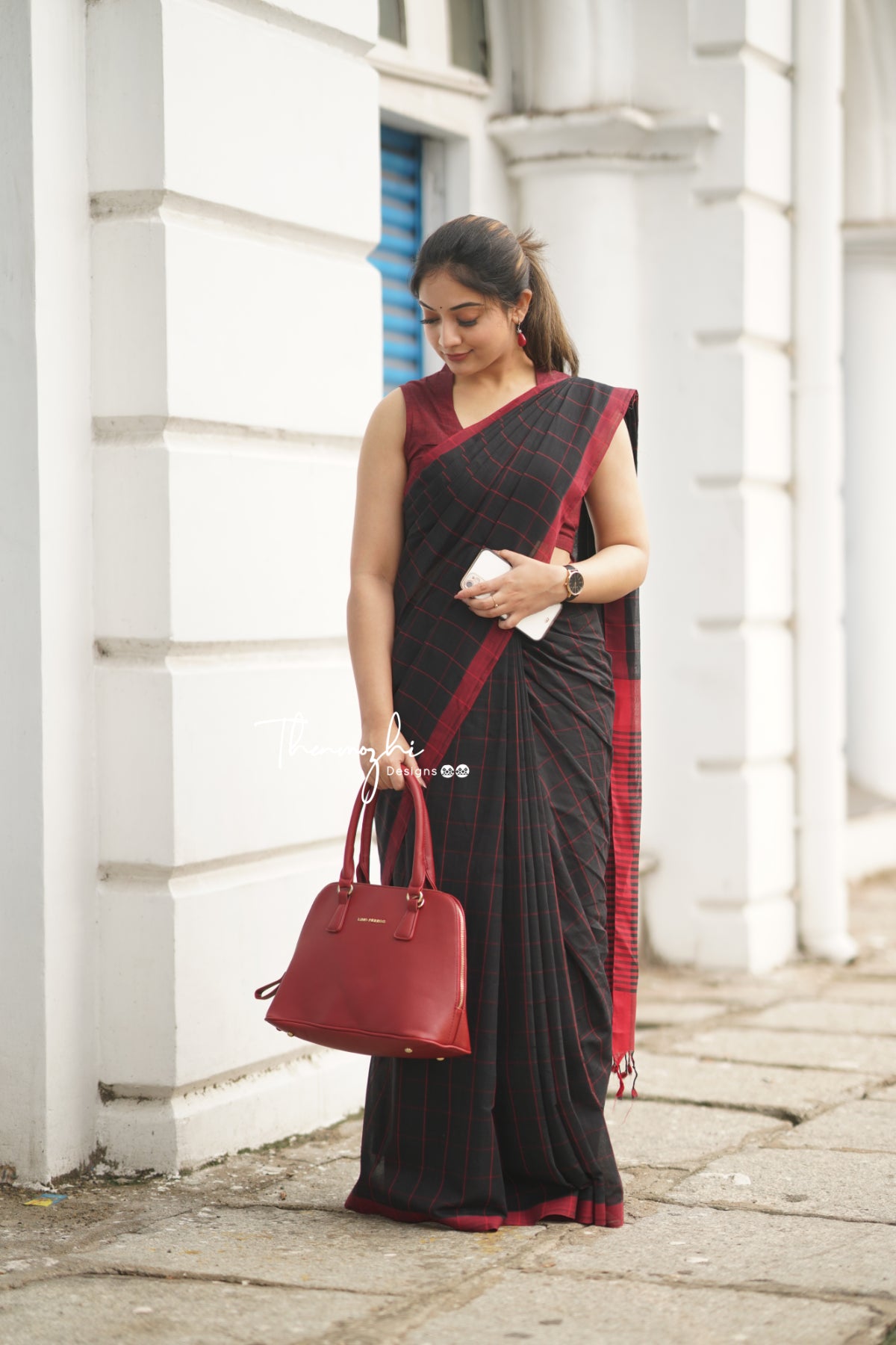 Black & Red Checks Mangalagiri Cotton Saree