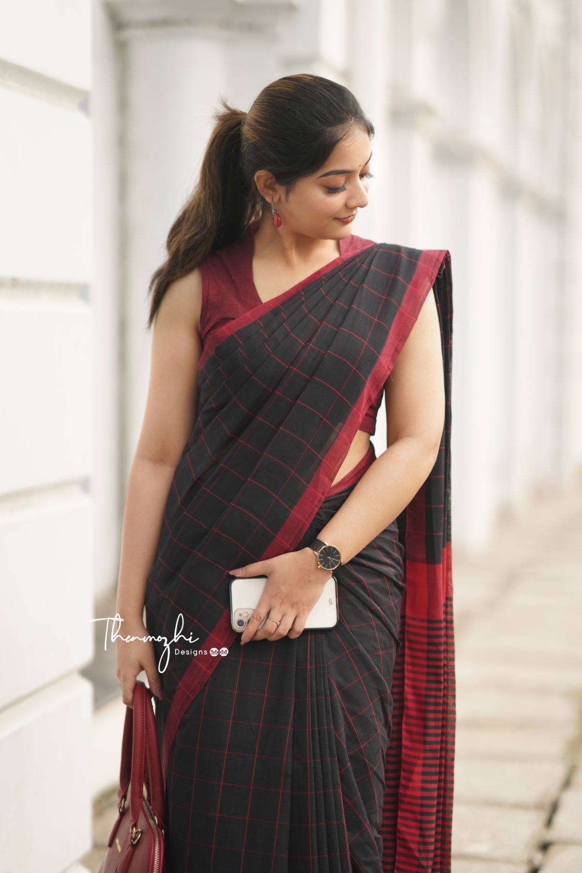 Black & Red Checks Mangalagiri Cotton Saree