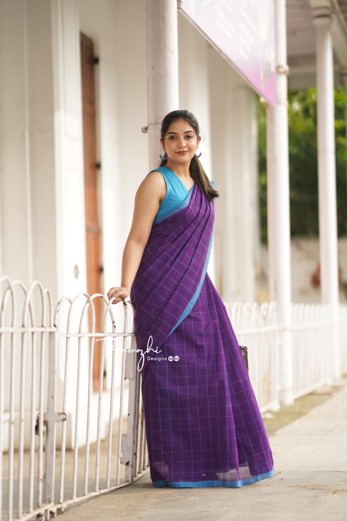 Purple & Blue Checks Mangalagiri Cotton Saree