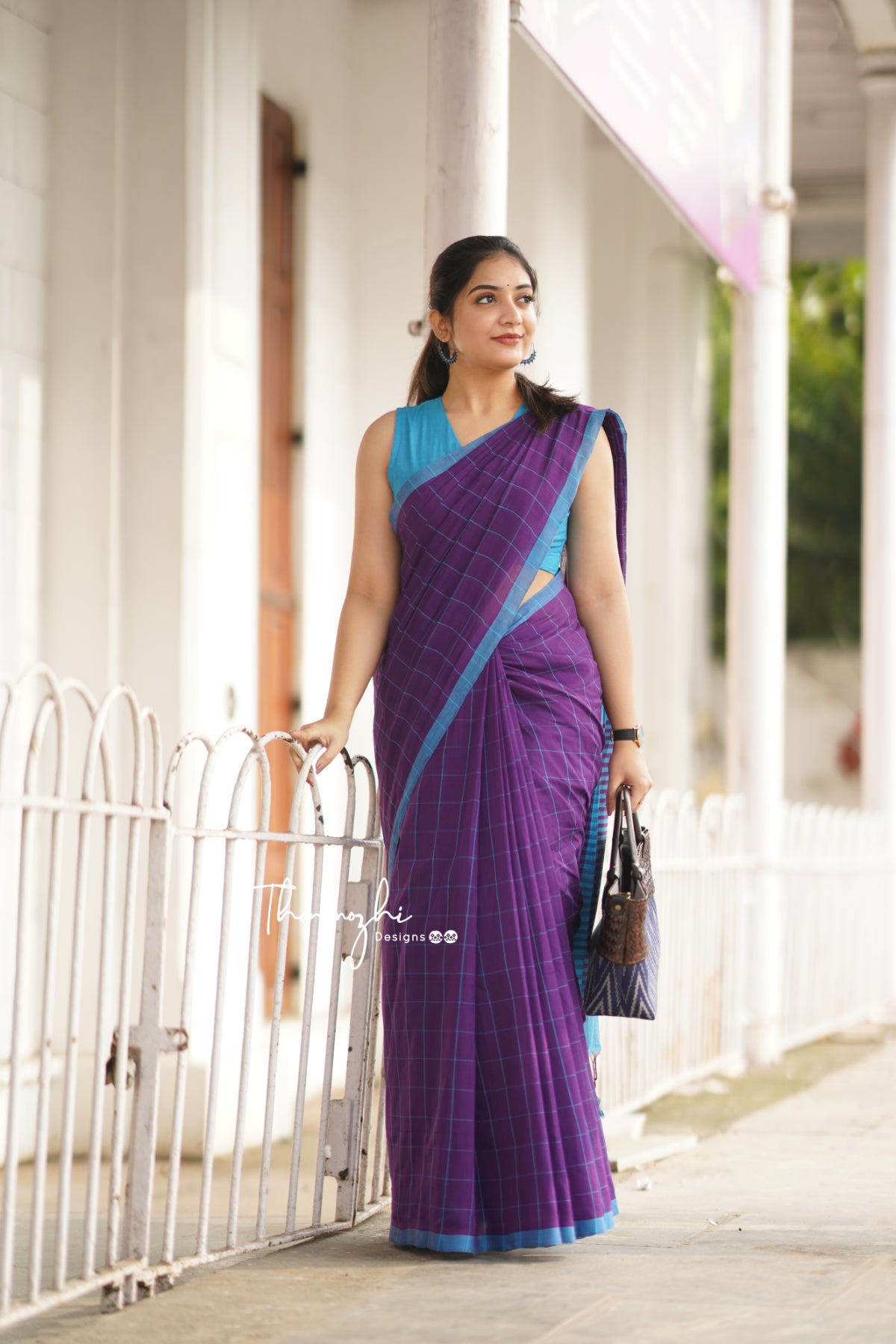 Purple & Blue Checks Mangalagiri Cotton Saree
